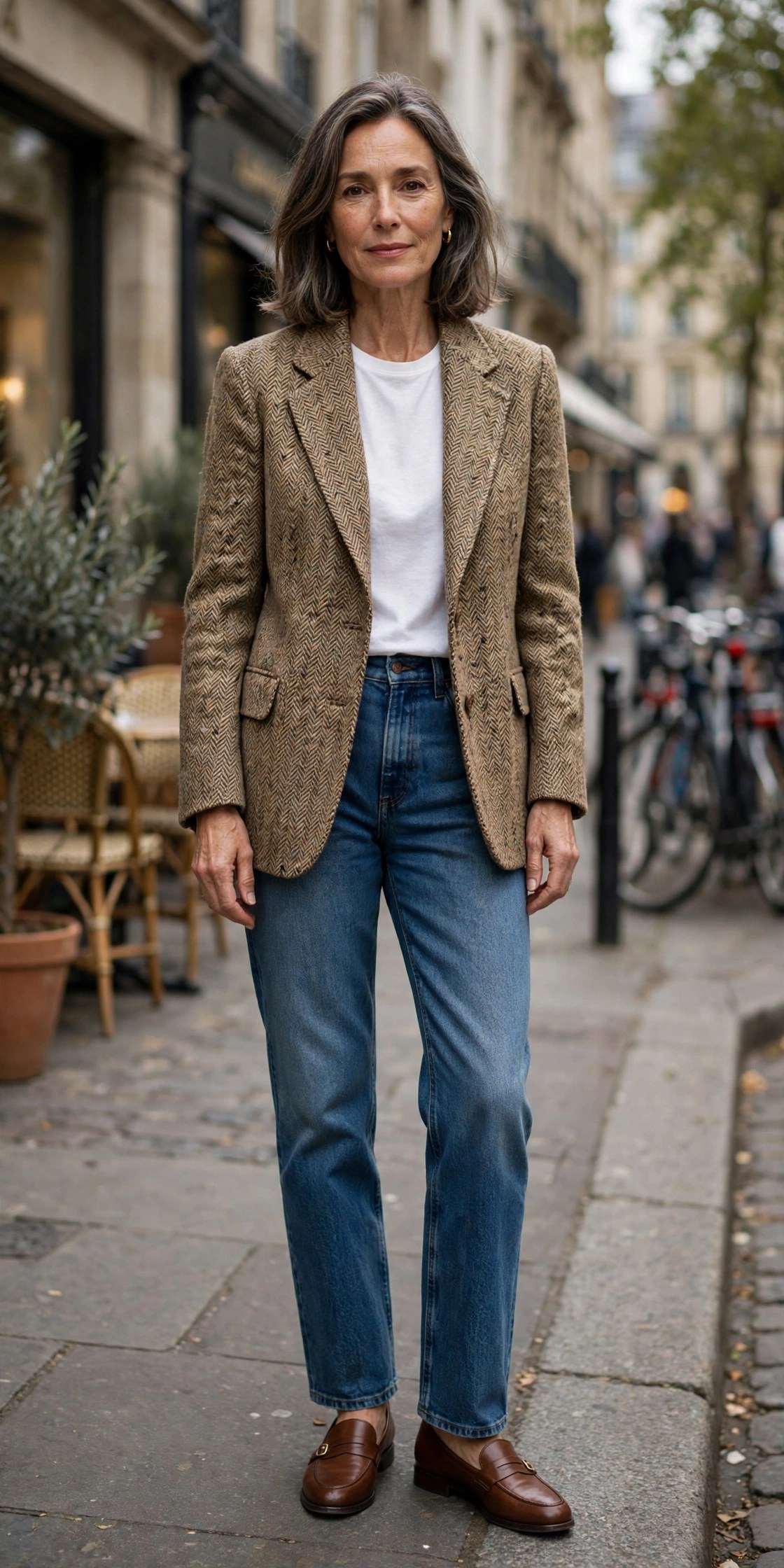 Woman in her 50s wearing a vintage tweed blazer with a white tee and straight-leg jeans