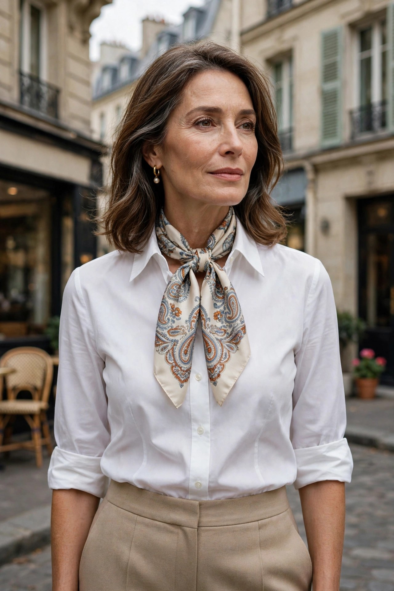 Woman in her 50s wearing a vintage silk scarf at the neck with a crisp white shirt