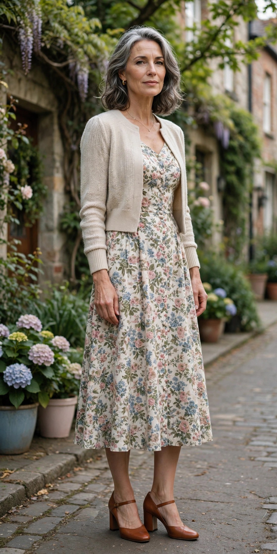 Woman in her 50s wearing a vintage floral midi dress with a modern cropped cardigan