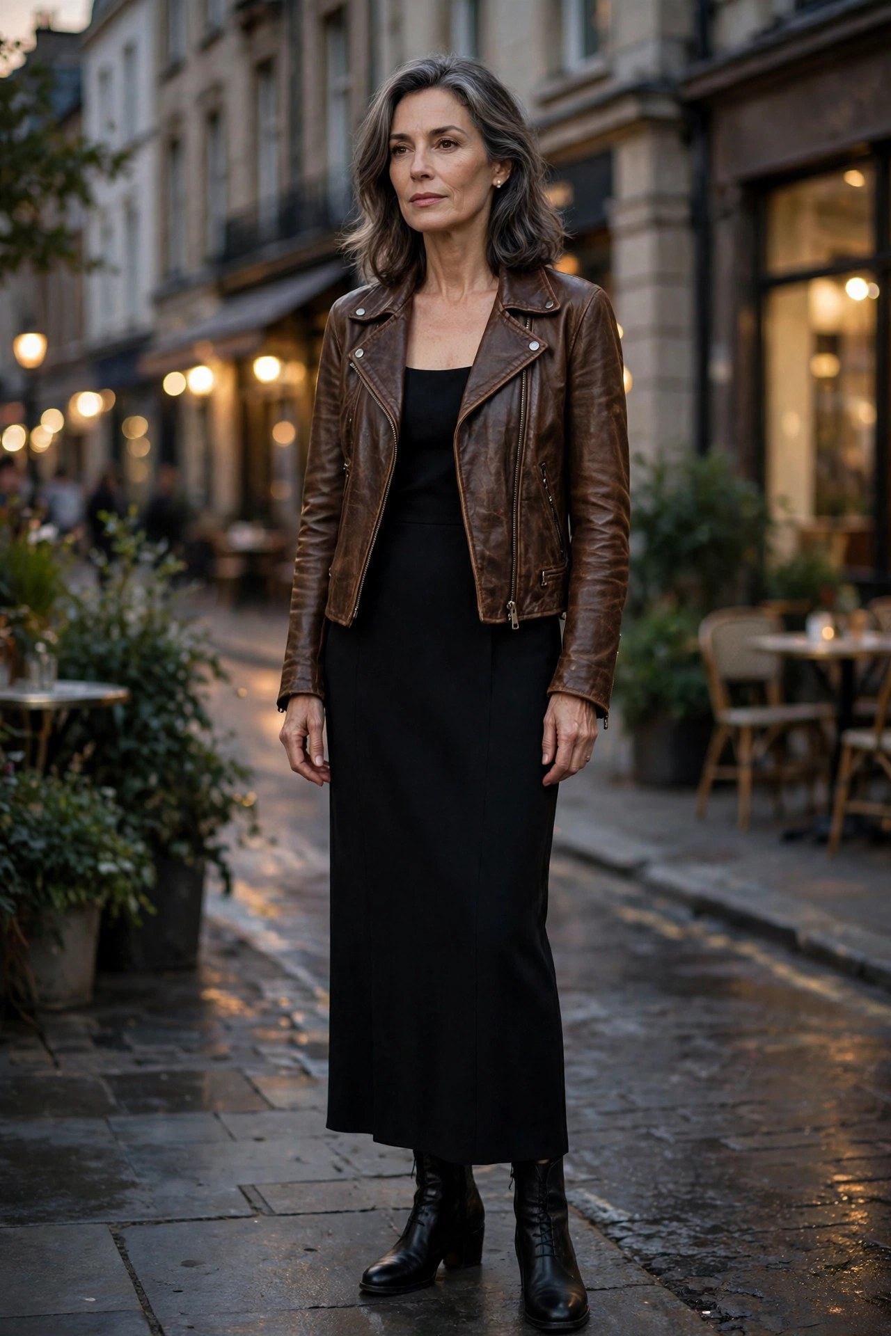 Woman in her 50s wearing a vintage leather jacket over a black column dress