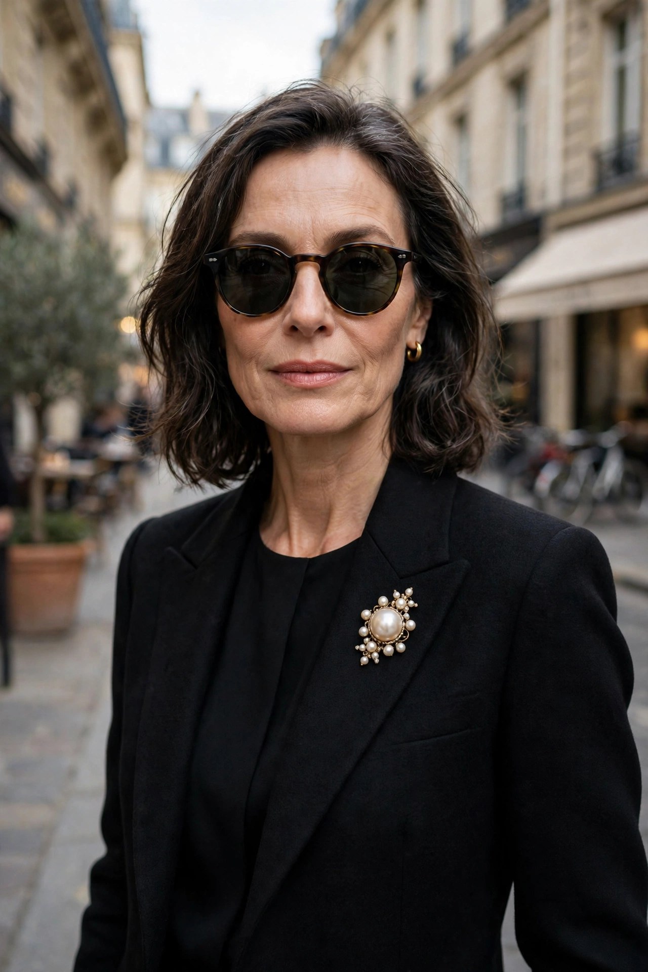 Woman in her 50s in a modern black outfit with a vintage pearl brooch and vintage sunglasses