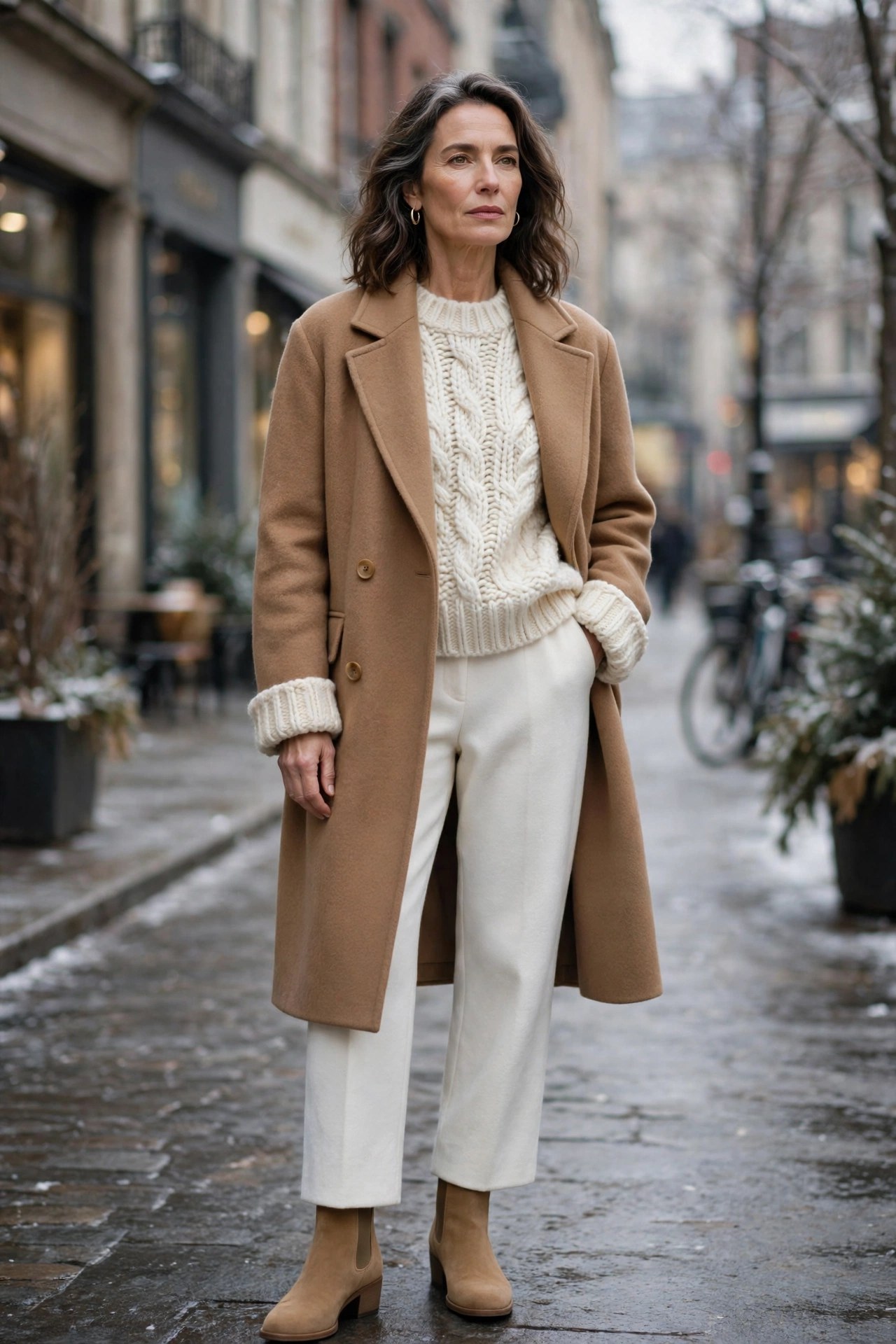 Woman in her 50s wearing white pants, an ivory sweater and a camel coat in winter