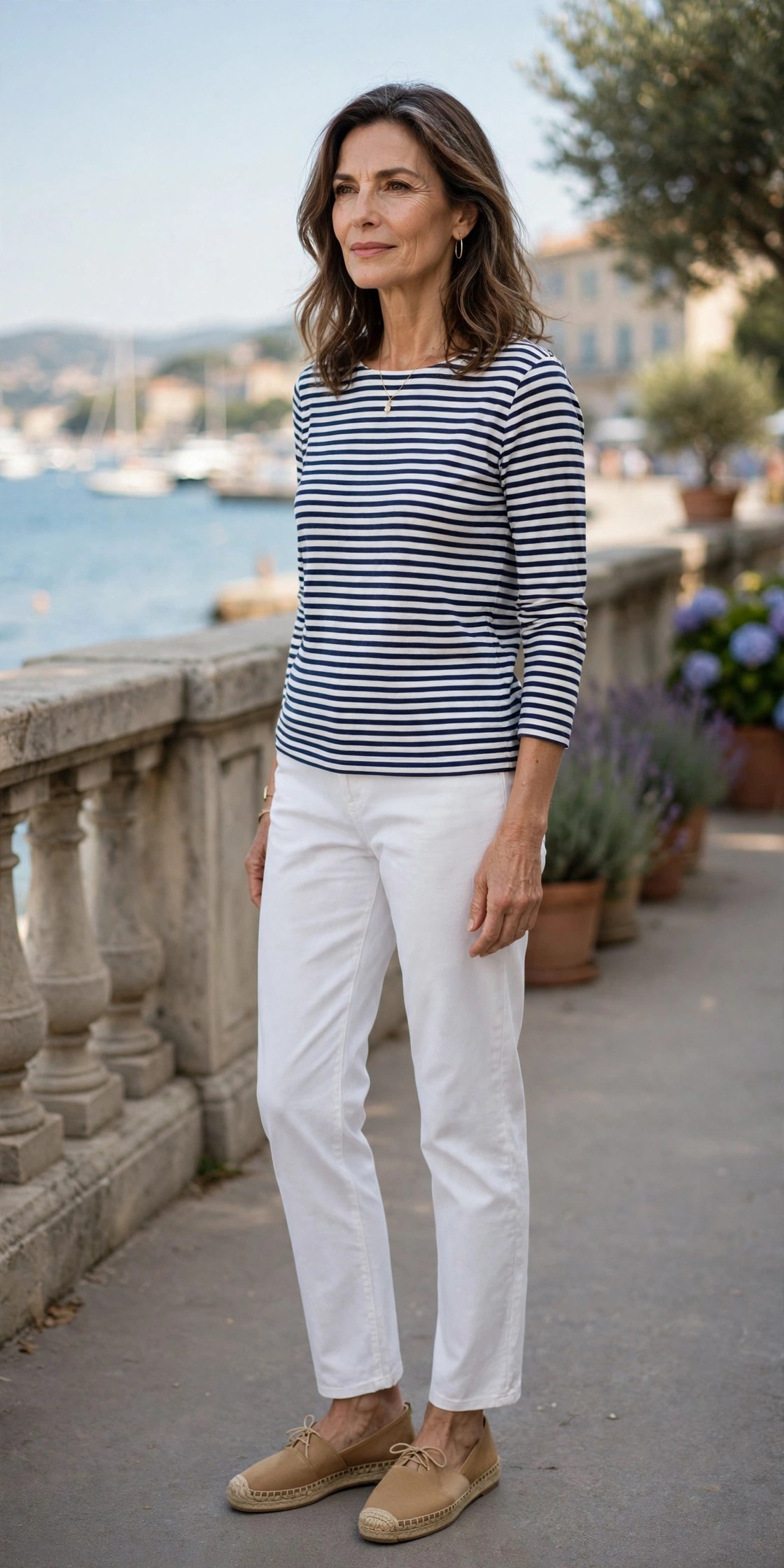 Woman in her 50s wearing white pants, a Breton striped top and espadrilles by the sea