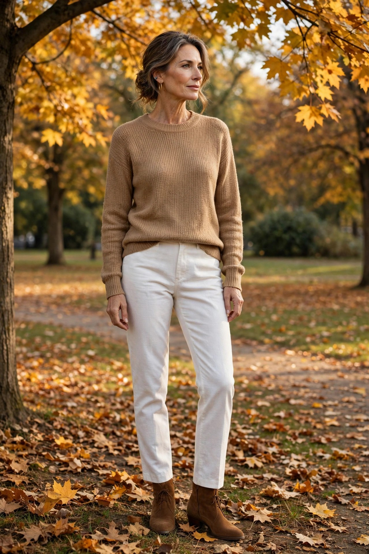 Woman in her 50s wearing white pants and a tan knit sweater with ankle boots in autumn