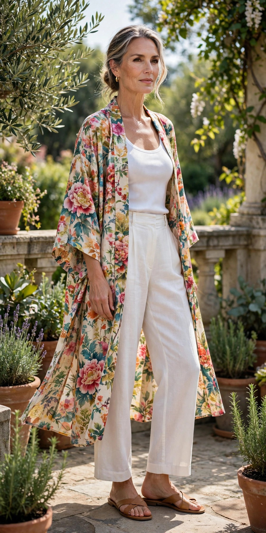 Woman in her 50s wearing white pants, a white tank and a floral kimono duster
