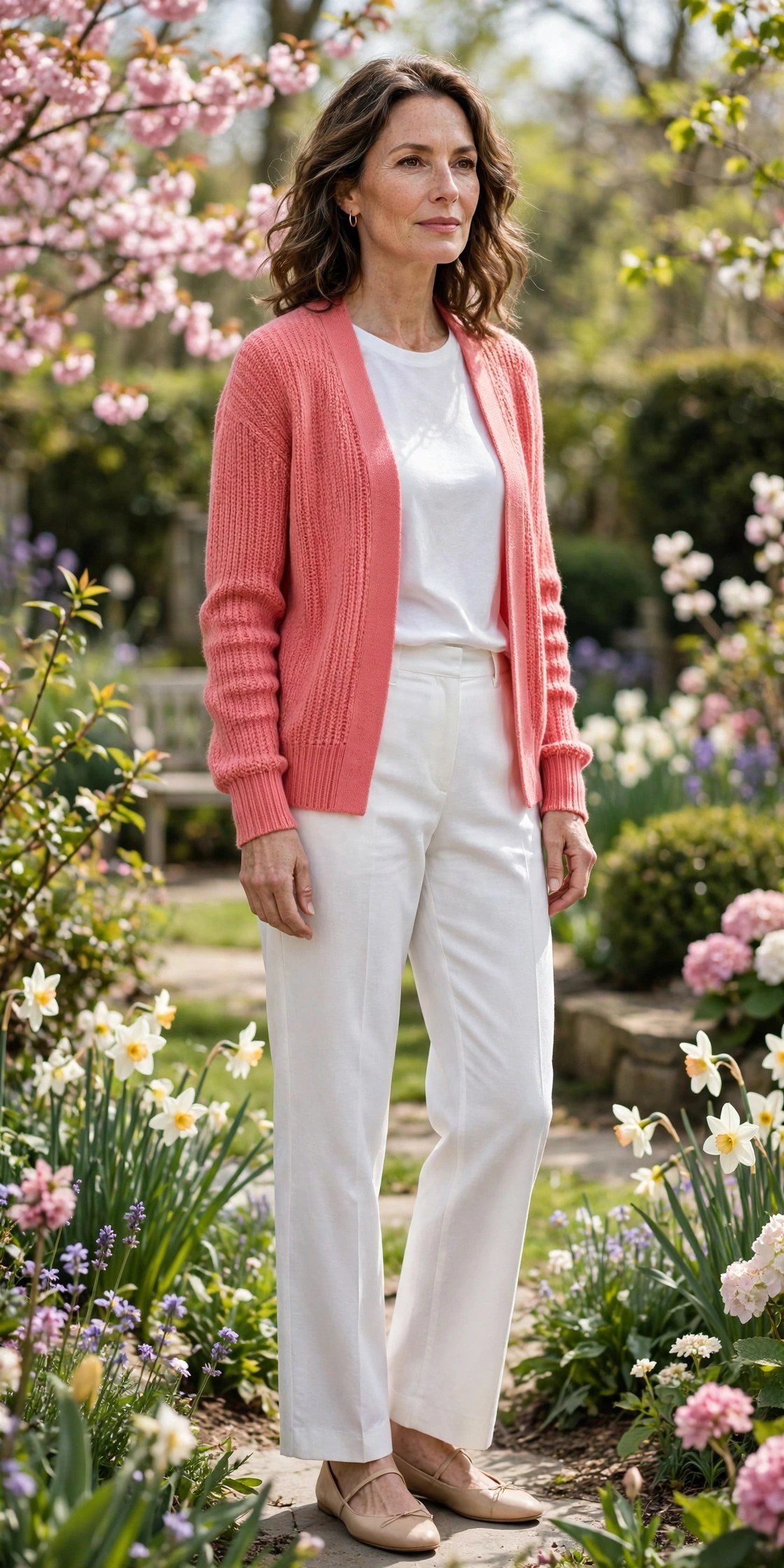 Woman in her 50s wearing white pants, a white tee and a coral knit cardigan