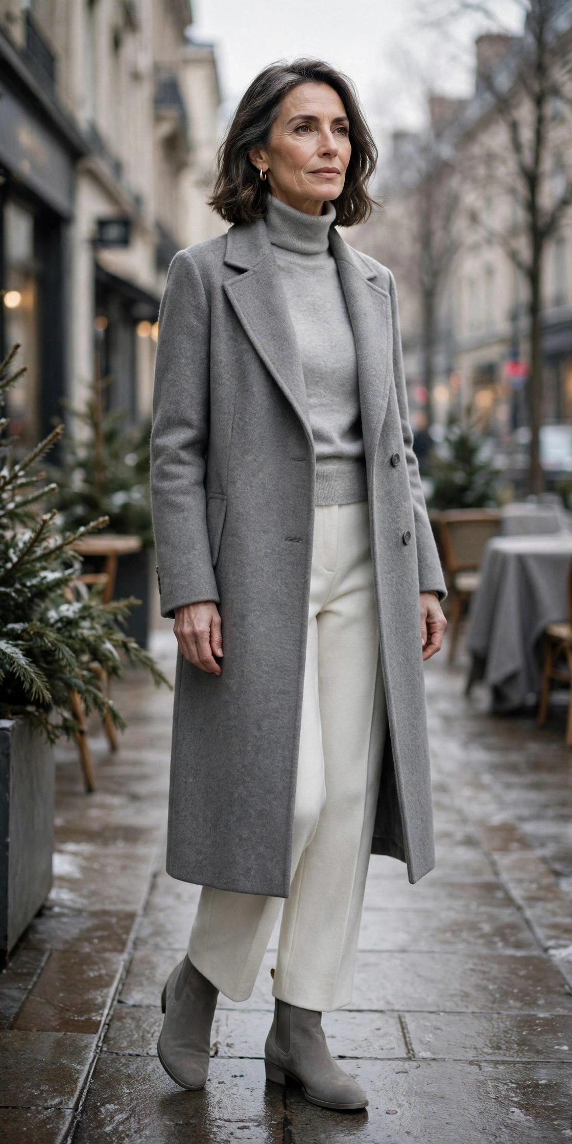 Woman in her 50s wearing white pants, a grey turtleneck and a long grey coat in winter