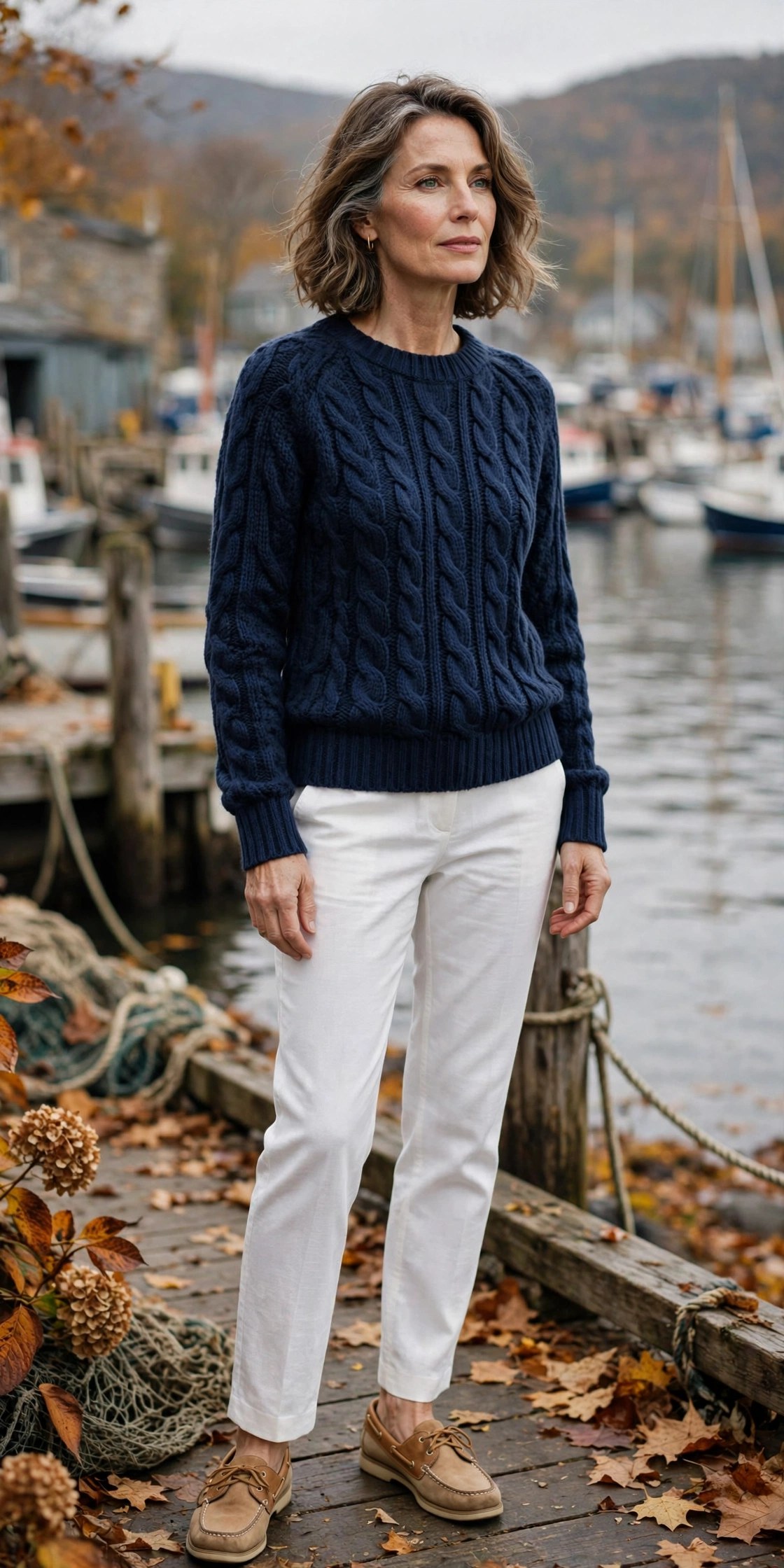 Woman in her 50s wearing white pants and a navy fisherman sweater with boat shoes