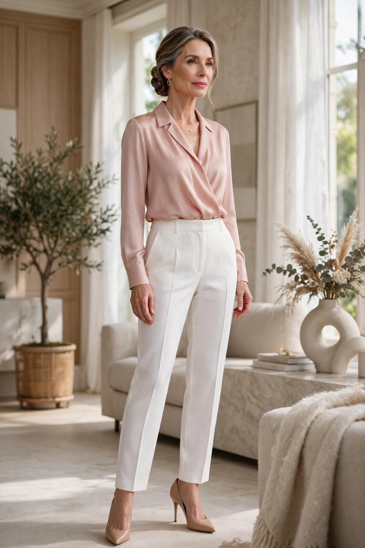 Woman in her 50s wearing white pants and a blush pink blouse with nude heels