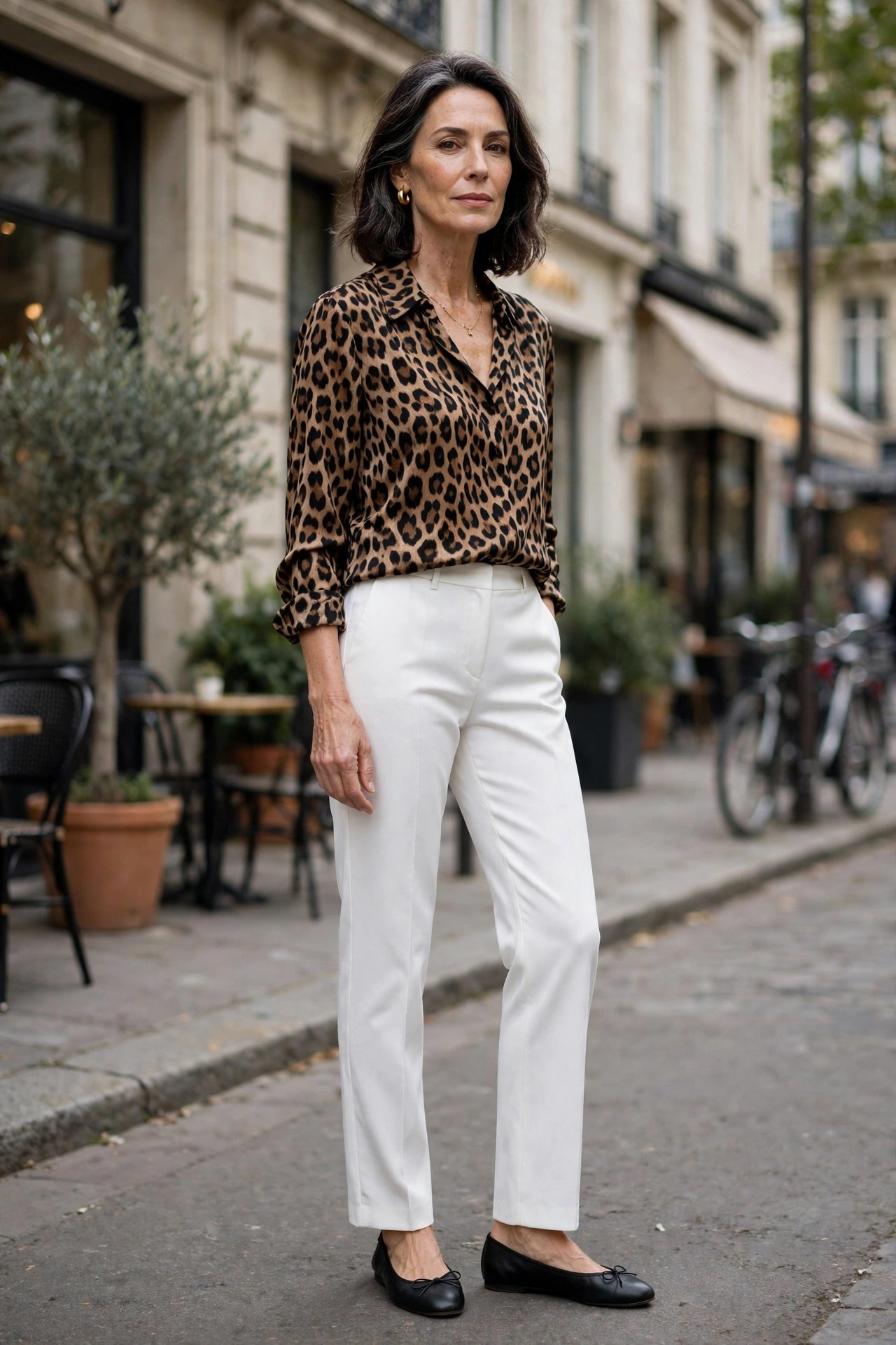 Woman in her 50s wearing white pants and a leopard print blouse with black flats