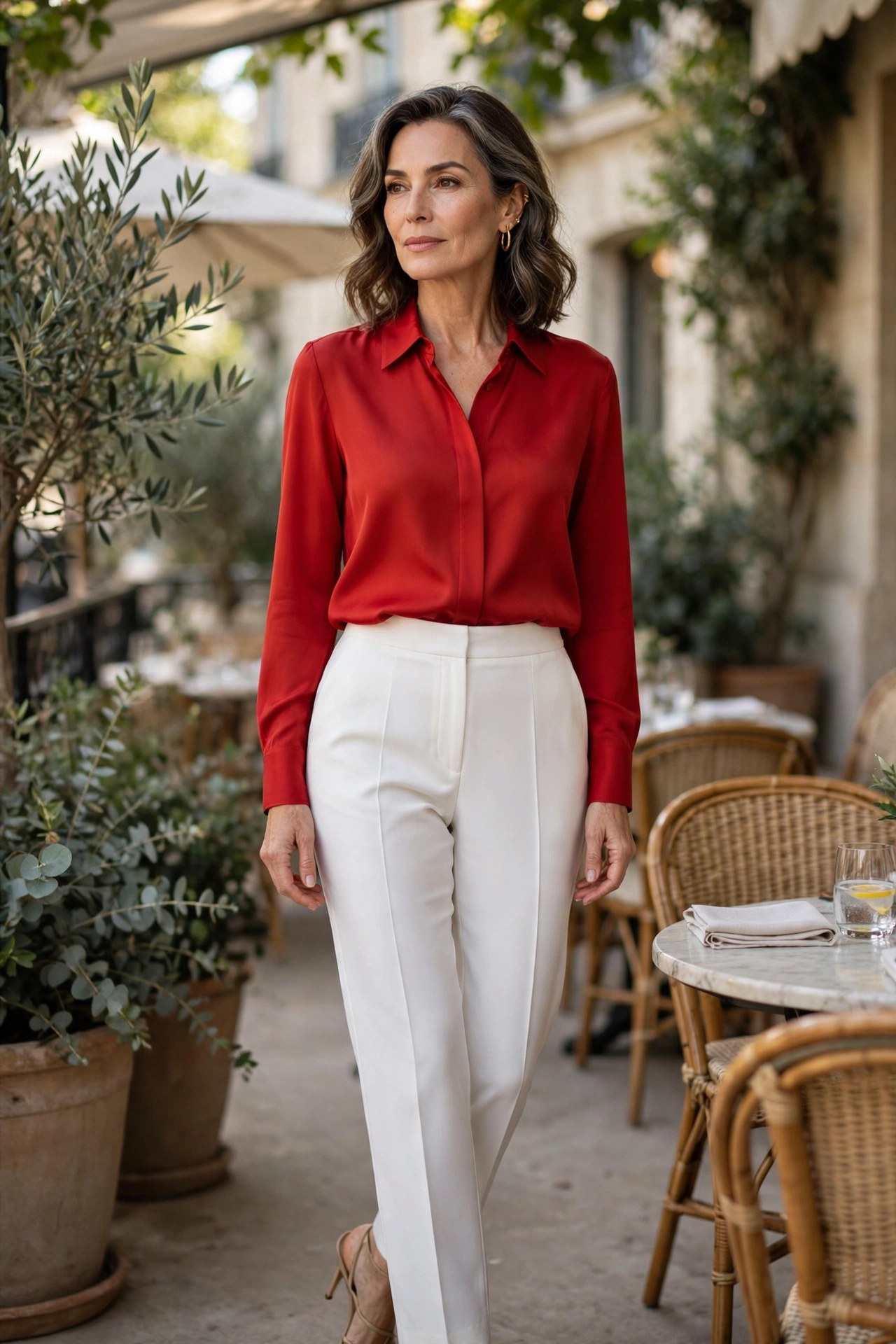 Woman in her 50s wearing white pants and a classic red top with nude heels