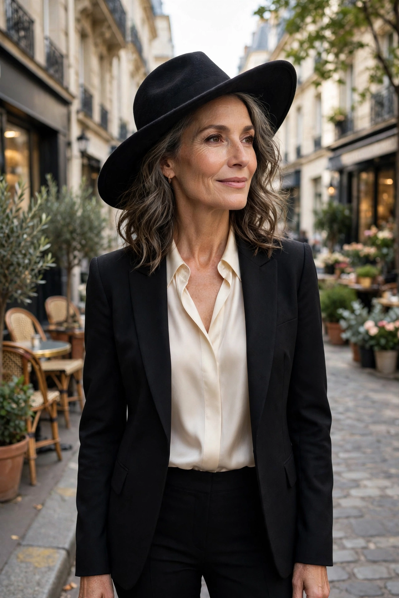 Woman over 50 wearing a black wide-brim felt hat with a black blazer on a city street