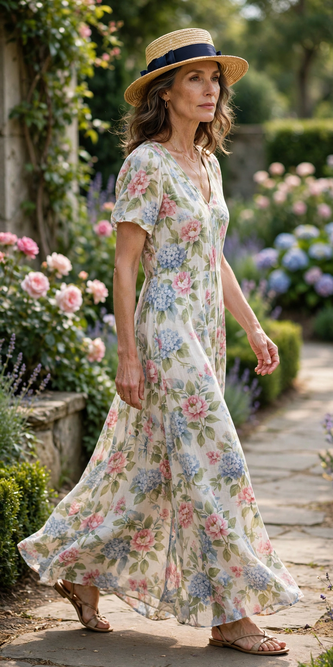 Woman over 50 wearing a straw boater wide-brim hat with a floral maxi dress in a garden
