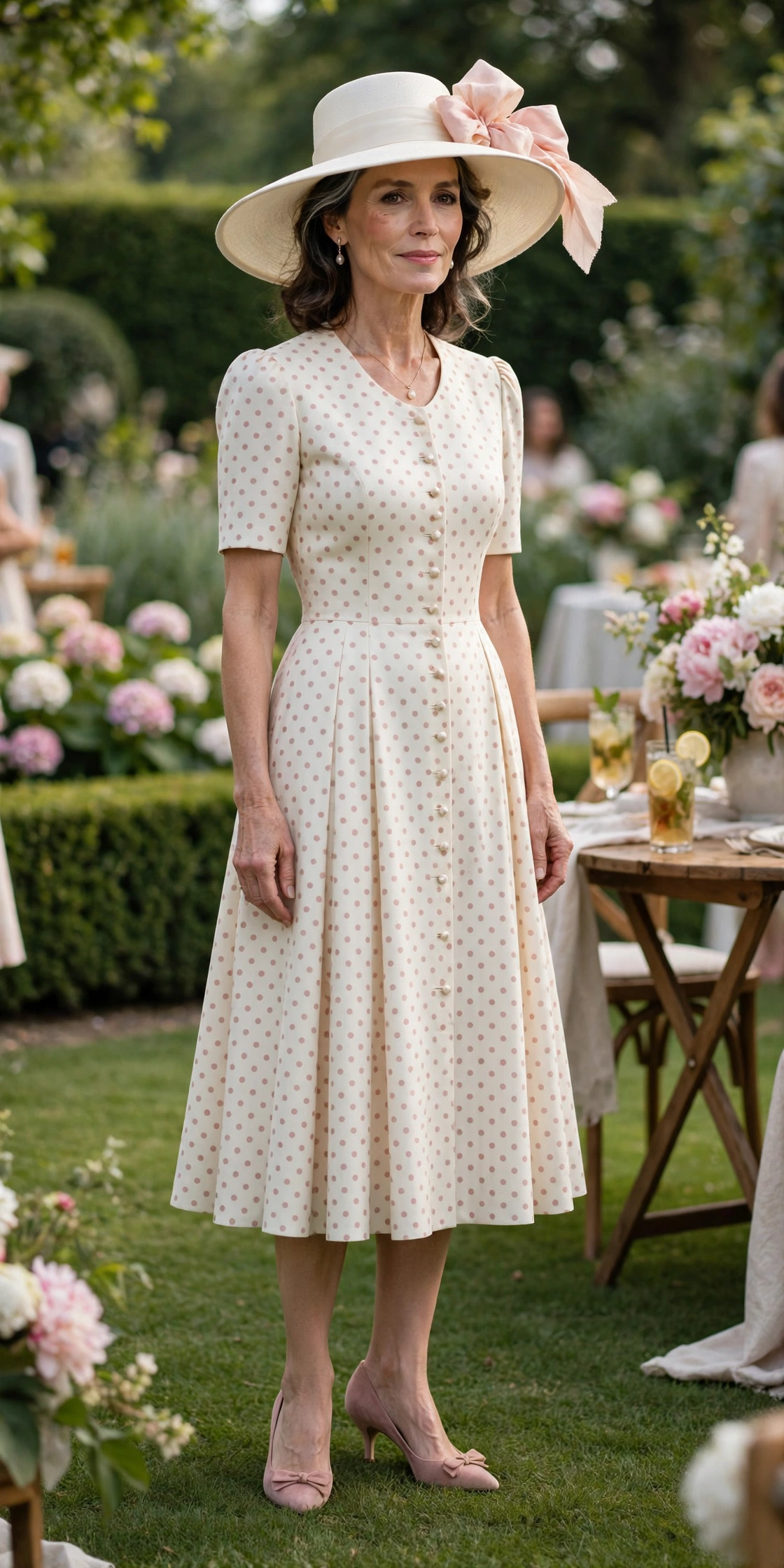 Woman over 50 wearing an ivory wide-brim derby hat with a pink bow and polka-dot dress