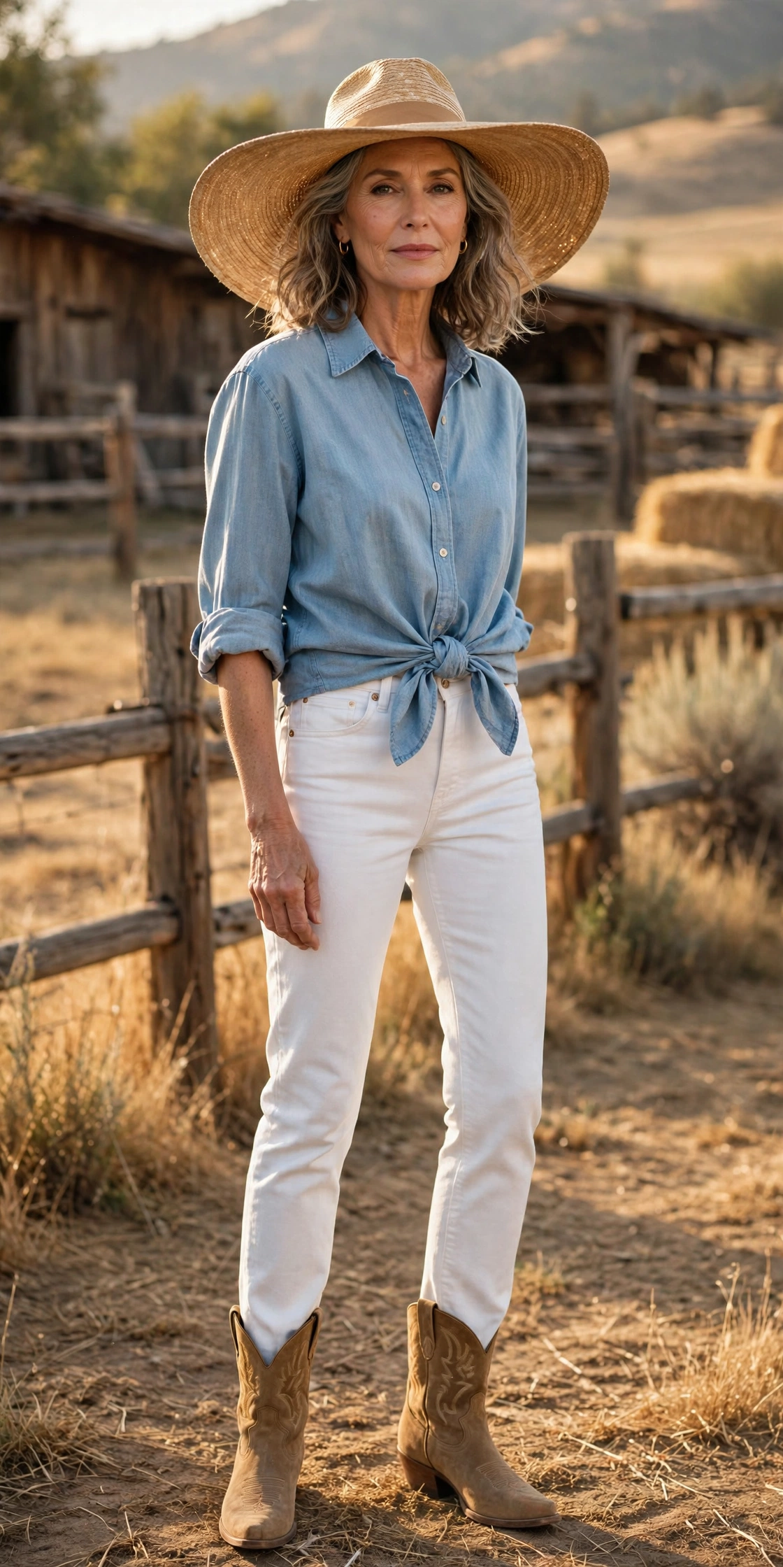 Woman over 50 wearing a western-style wide-brim straw hat with chambray shirt and white jeans