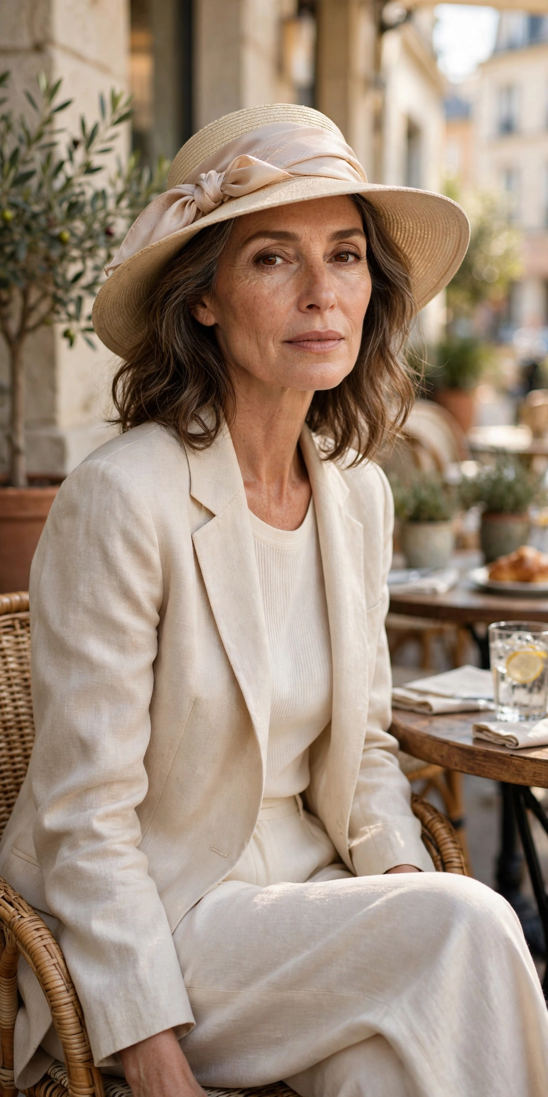 Woman over 50 wearing a beige wide-brim sun hat with a silk scarf and cream linen blazer