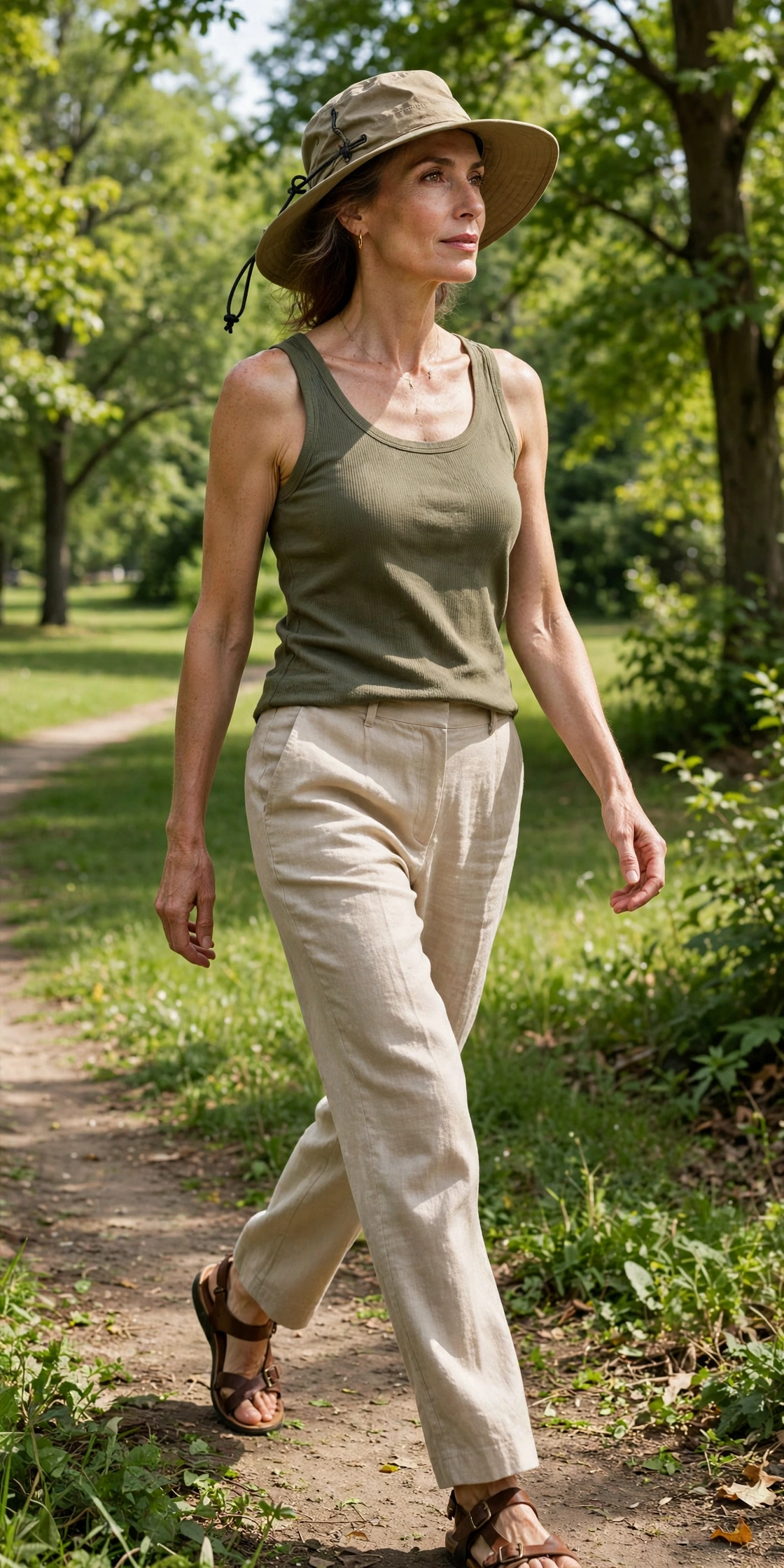 Woman over 50 wearing a khaki safari wide-brim sun hat with linen pants on a park trail