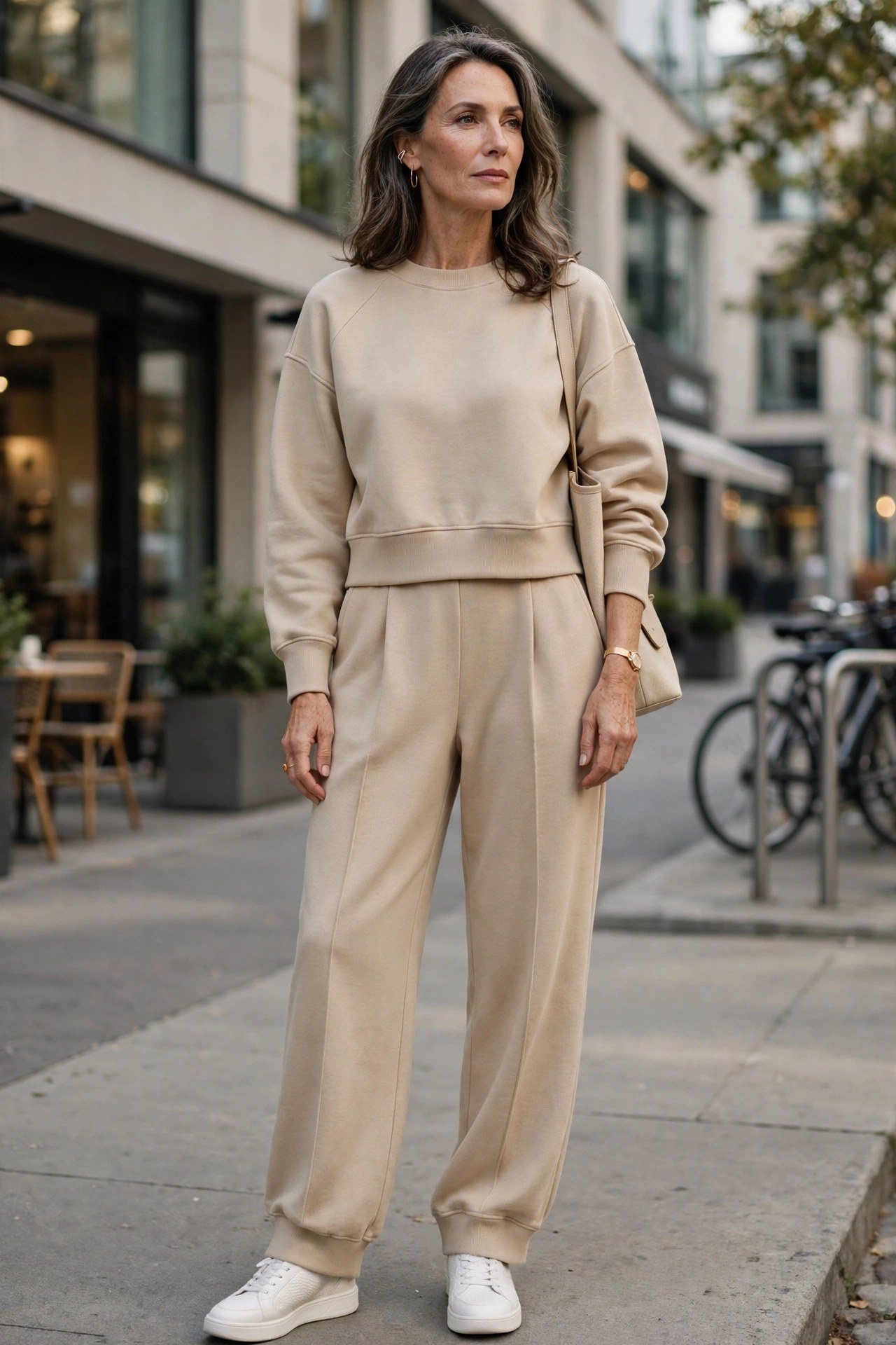 Woman in her 50s wearing a structured beige lounge set with sneakers