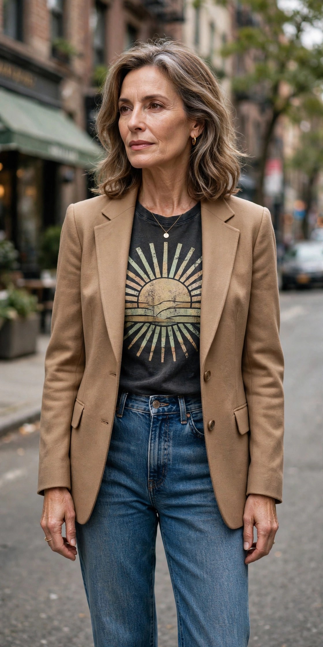 Woman in her 50s wearing a fitted vintage graphic tee with a tailored blazer and jeans