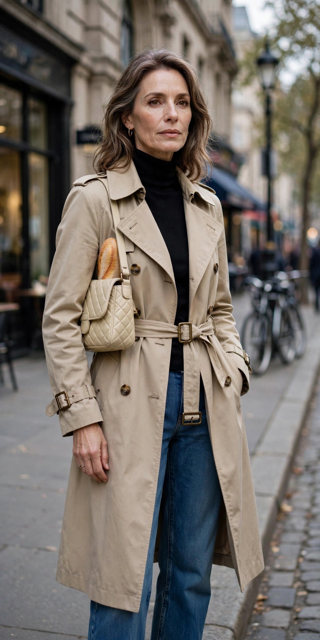 Woman in her 50s with a small baguette shoulder bag, trench coat and jeans