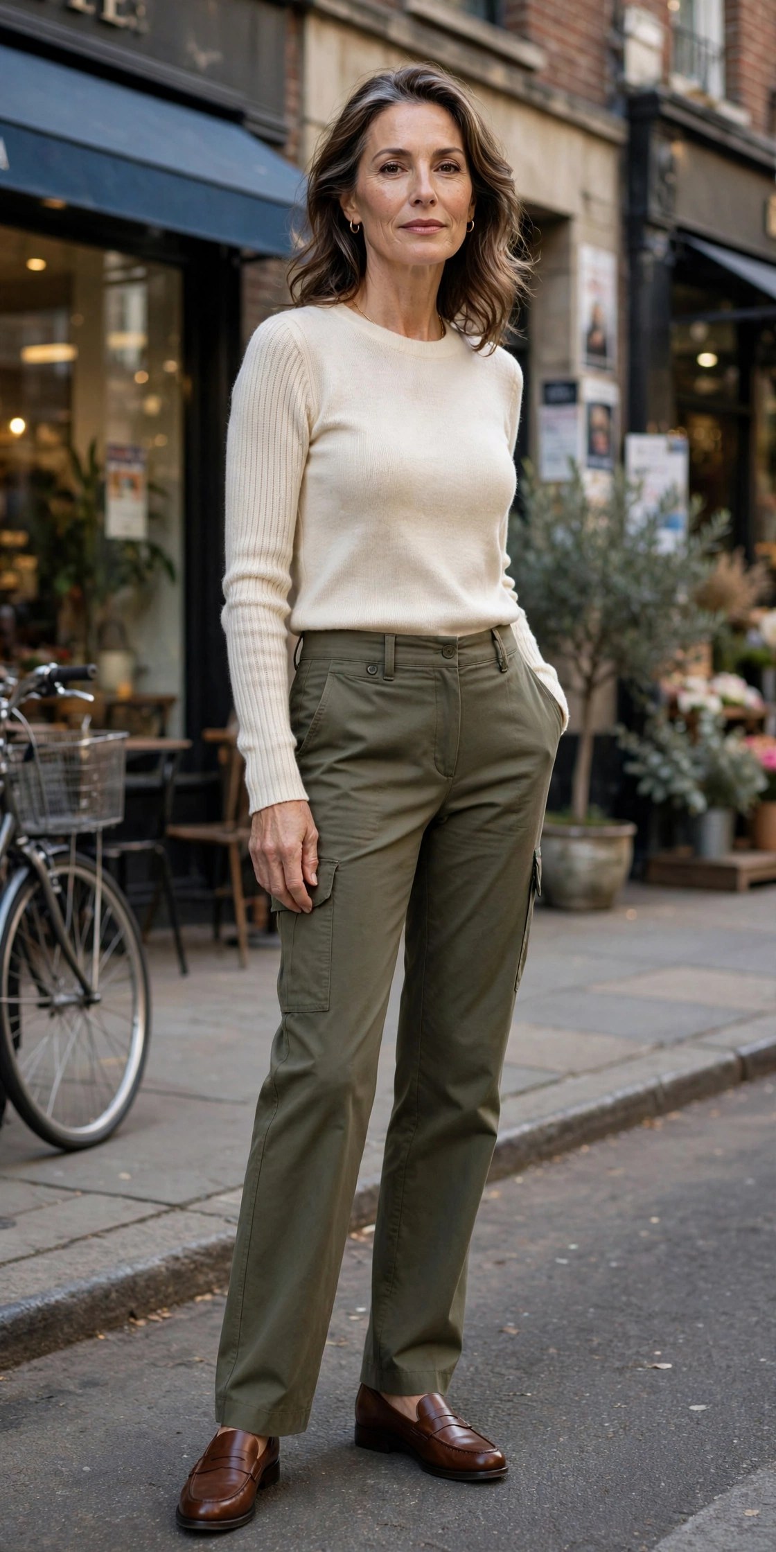 Woman in her 50s wearing tailored olive cargo pants with a fitted cream knit top