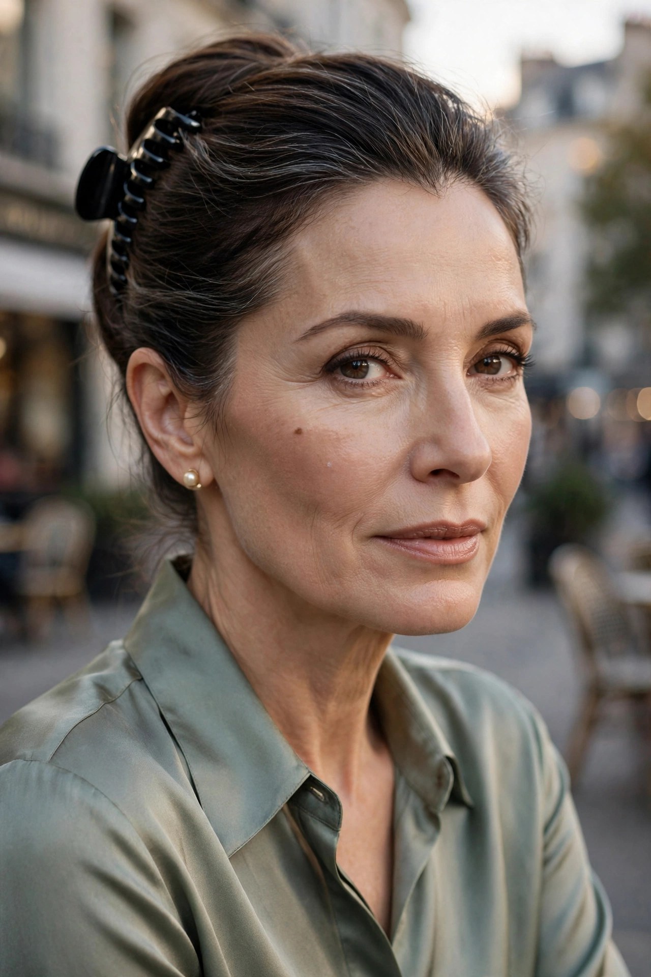 Woman in her 50s with hair in a sleek claw clip updo wearing a silk blouse