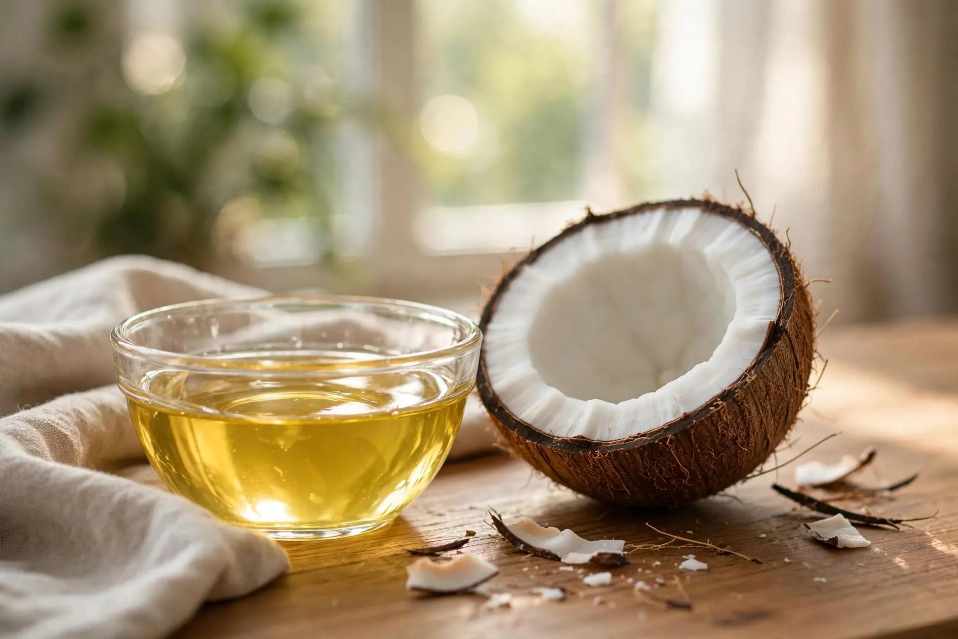 A small glass bowl of golden coconut oil beside a halved coconut with white flesh on a wooden table