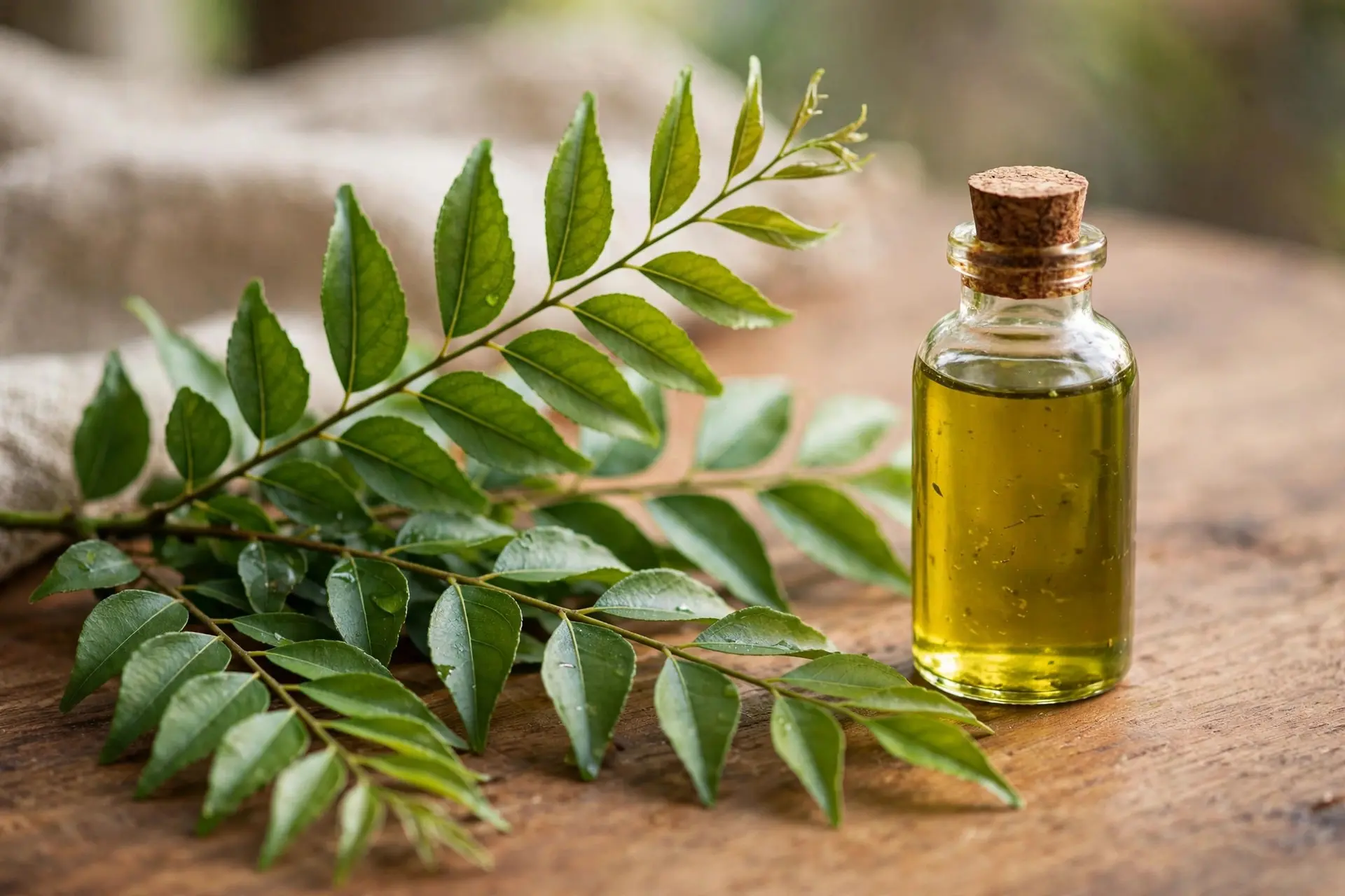 Fresh curry leaves on the stem beside a corked glass bottle of golden-green infused oil