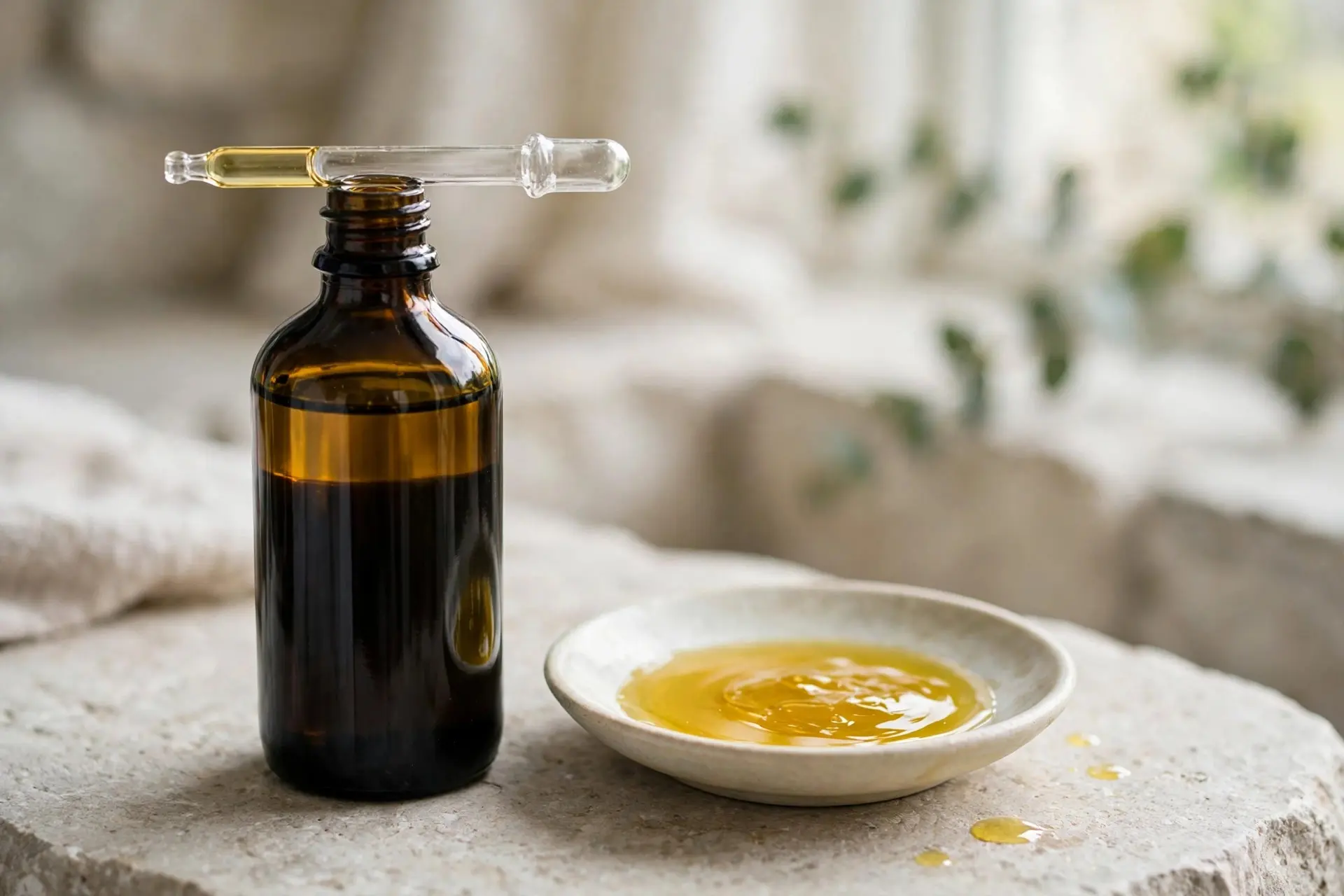 A dark amber bottle of castor oil with a glass dropper and a shallow dish of golden oil