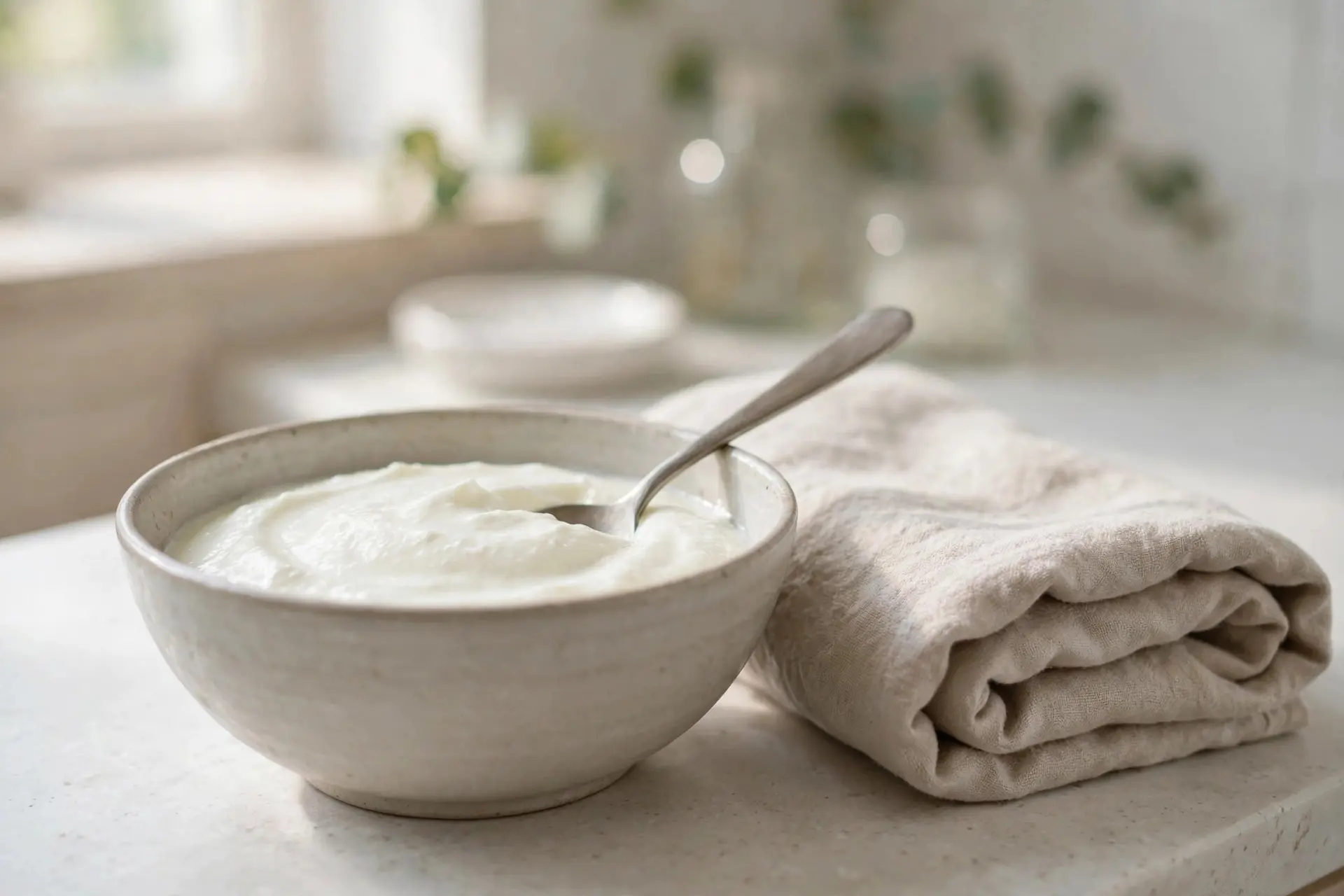 A ceramic bowl of thick plain yogurt with a spoon, beside a folded towel on a bathroom counter