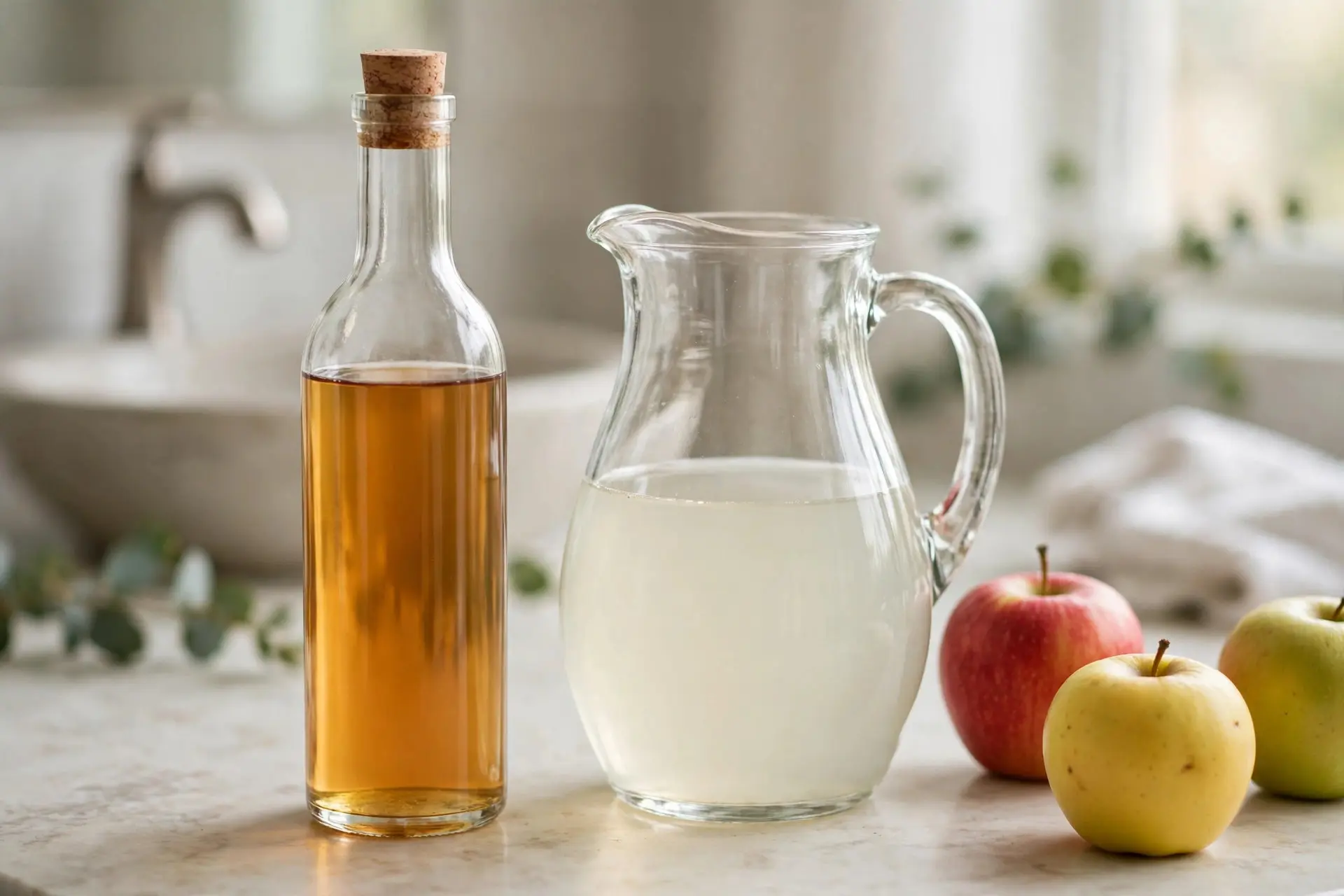 A bottle of amber apple cider vinegar beside a glass jug of diluted rinse and fresh apples