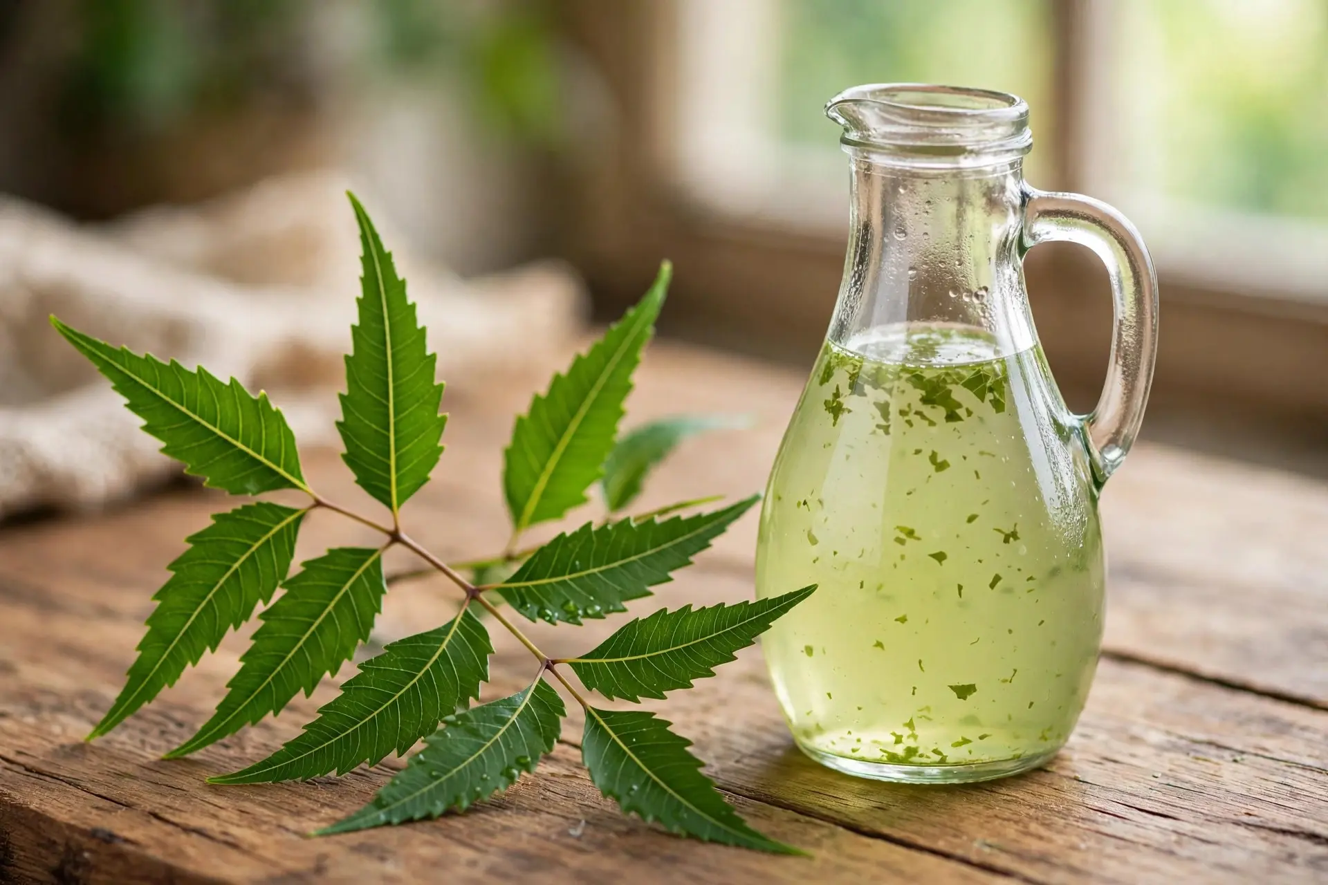 Fresh neem leaves beside a glass jug of pale green neem leaf rinse water