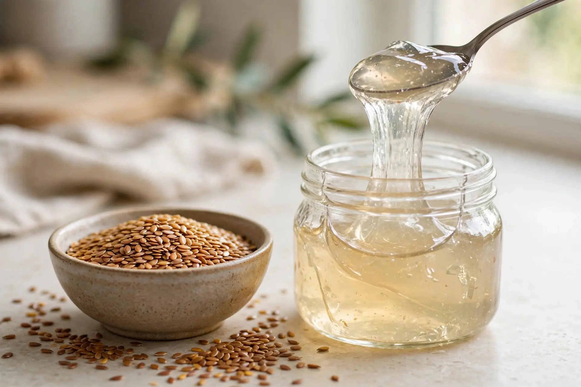 A bowl of golden flaxseeds beside a glass jar of homemade flaxseed gel with a spoon lifting a stretchy strand