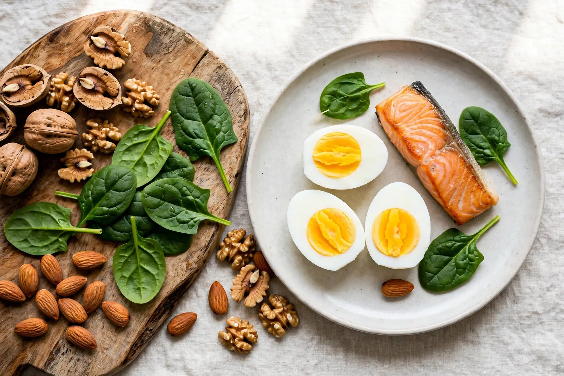 A plate of biotin-rich foods: halved boiled eggs, salmon, spinach, almonds and walnuts
