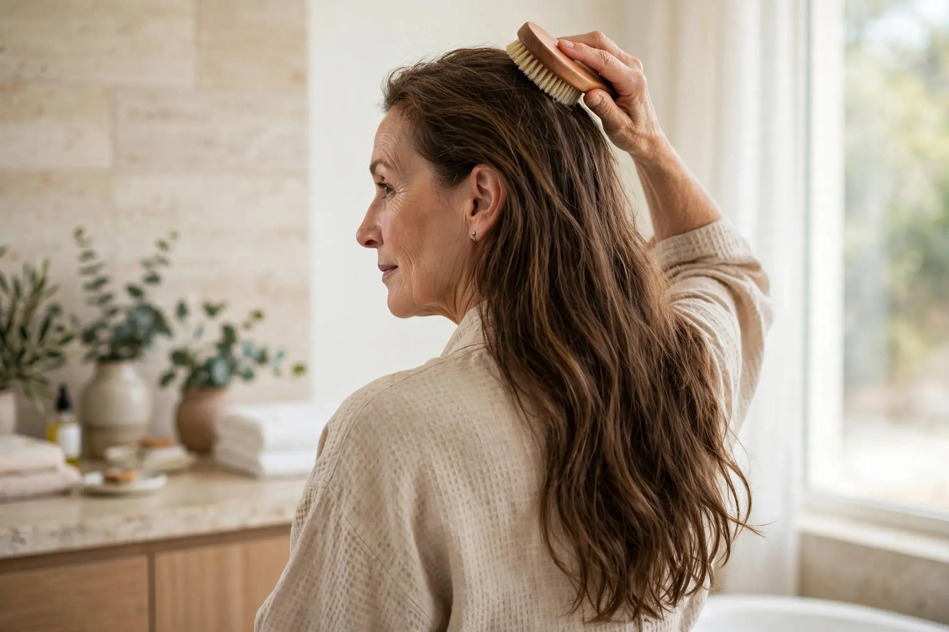 A woman in her fifties with long brown hair using a round wooden scalp brush on her scalp in a bright bathroom