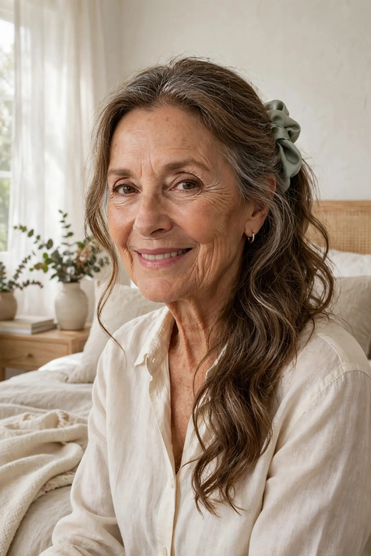 A smiling woman in her sixties with loose heat-free waves and silver strands, her hair held loosely with a sage silk scrunchie