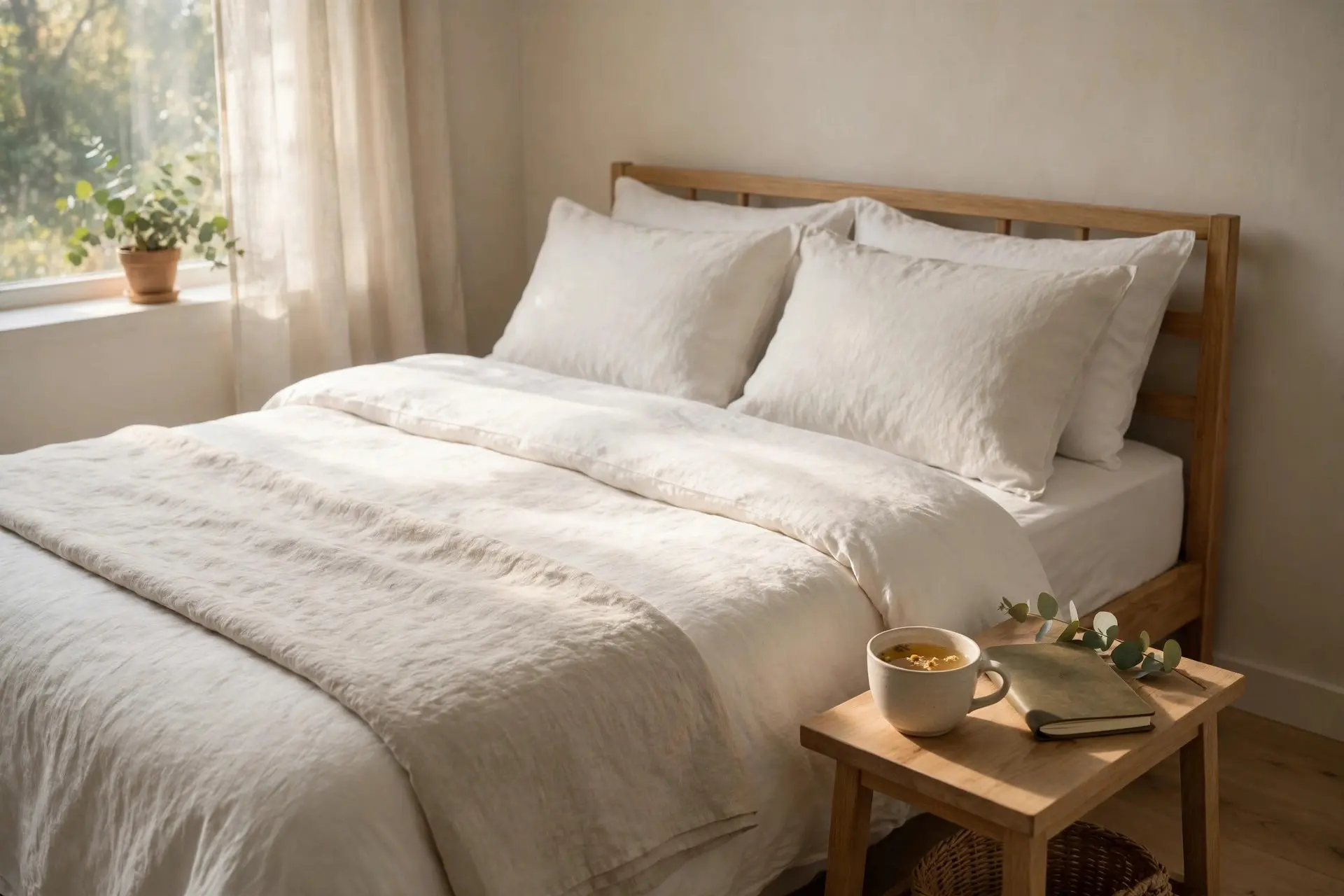 A calm bedroom with a neatly made linen bed and a bedside table holding a cup of herbal tea and a closed journal