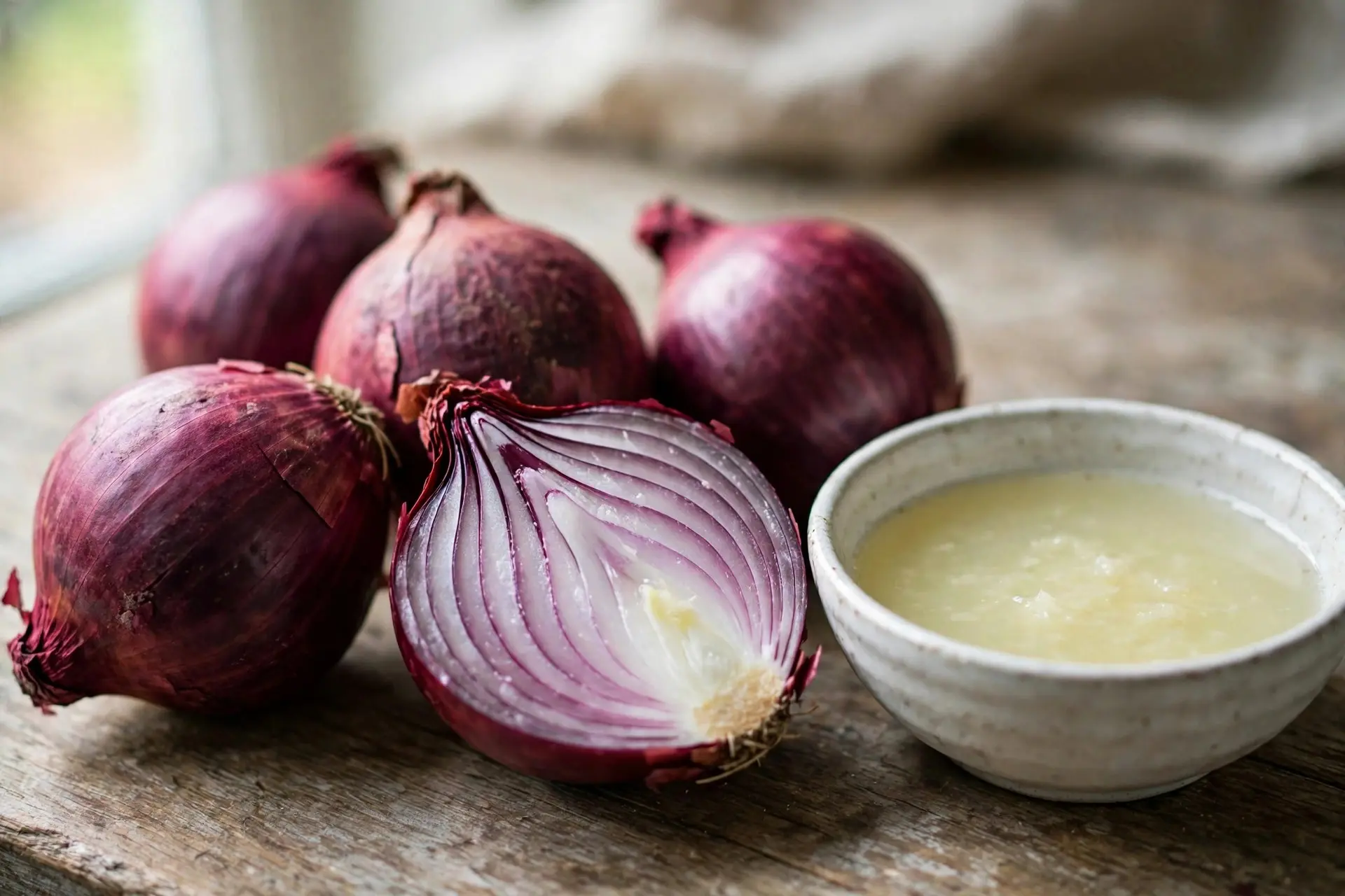 Red onions, one halved, beside a small ceramic bowl of freshly strained pale onion juice