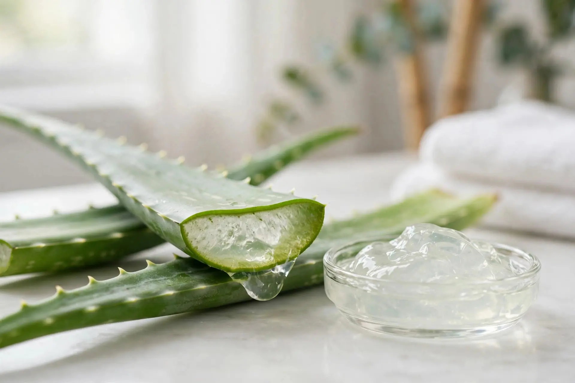 Fresh aloe vera leaves, one cut open to show the clear gel, beside a small glass dish of aloe vera gel