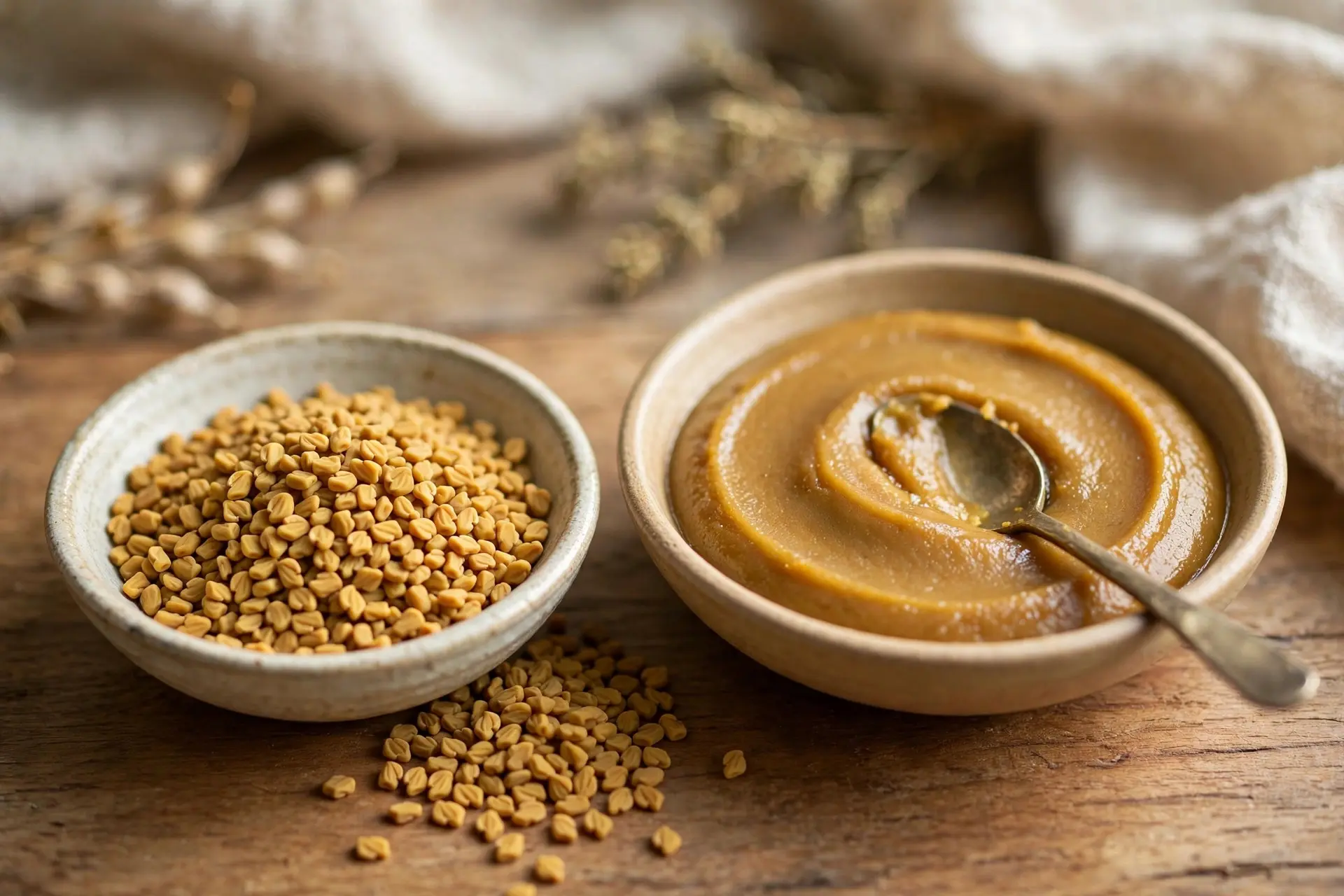 A bowl of golden fenugreek seeds beside a bowl of smooth golden-brown fenugreek paste