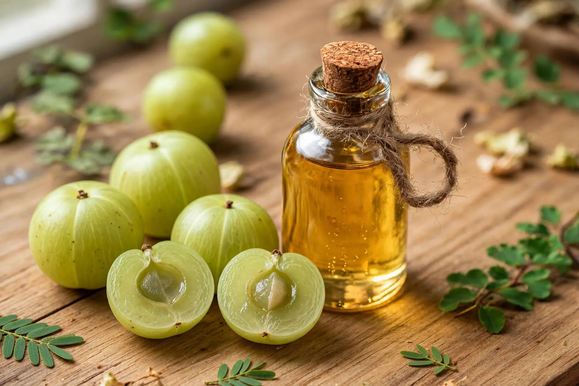 Fresh green amla fruit, whole and halved, beside a corked glass bottle of golden amla oil