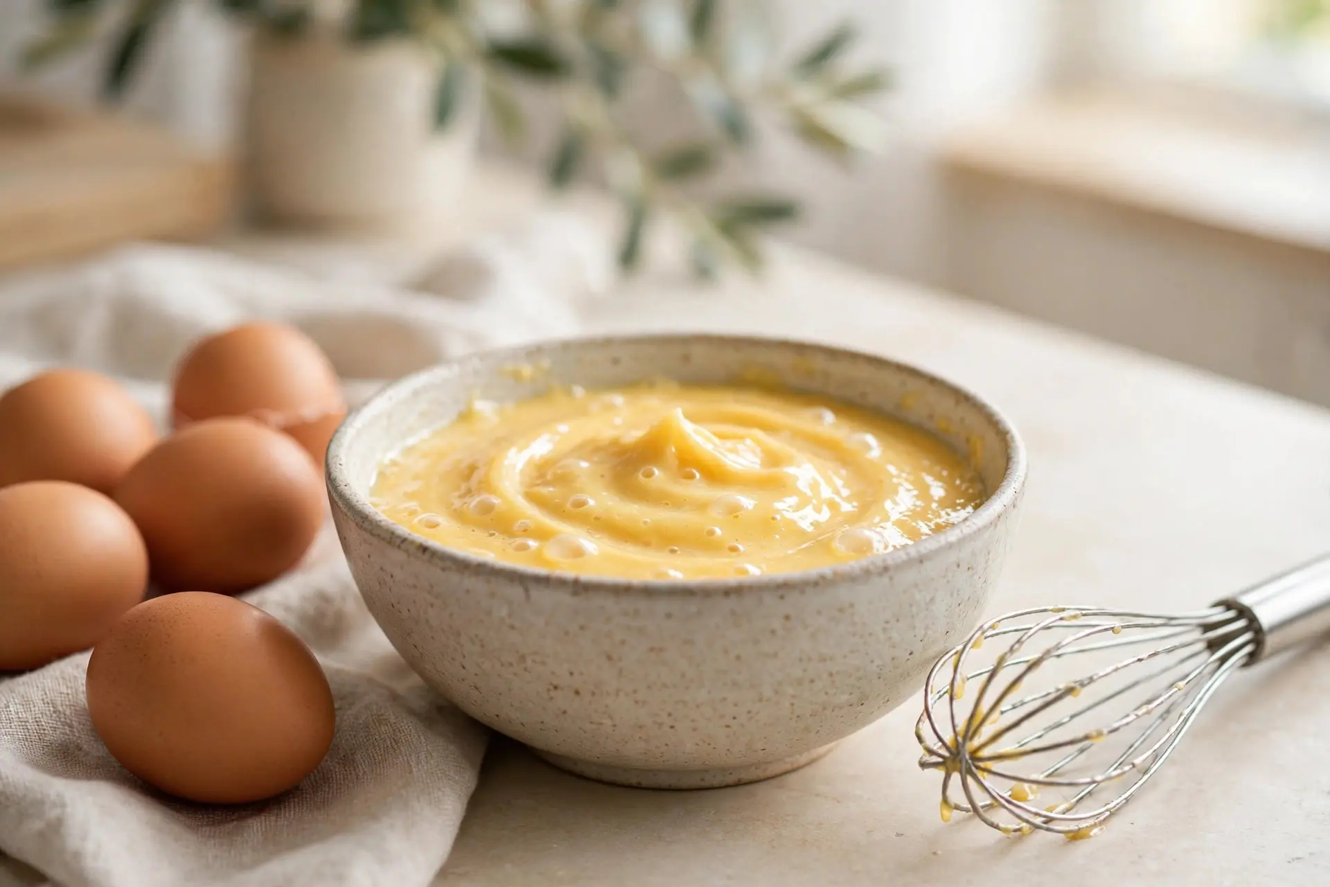 A bowl of whisked golden egg hair mask with brown eggs and a whisk beside it