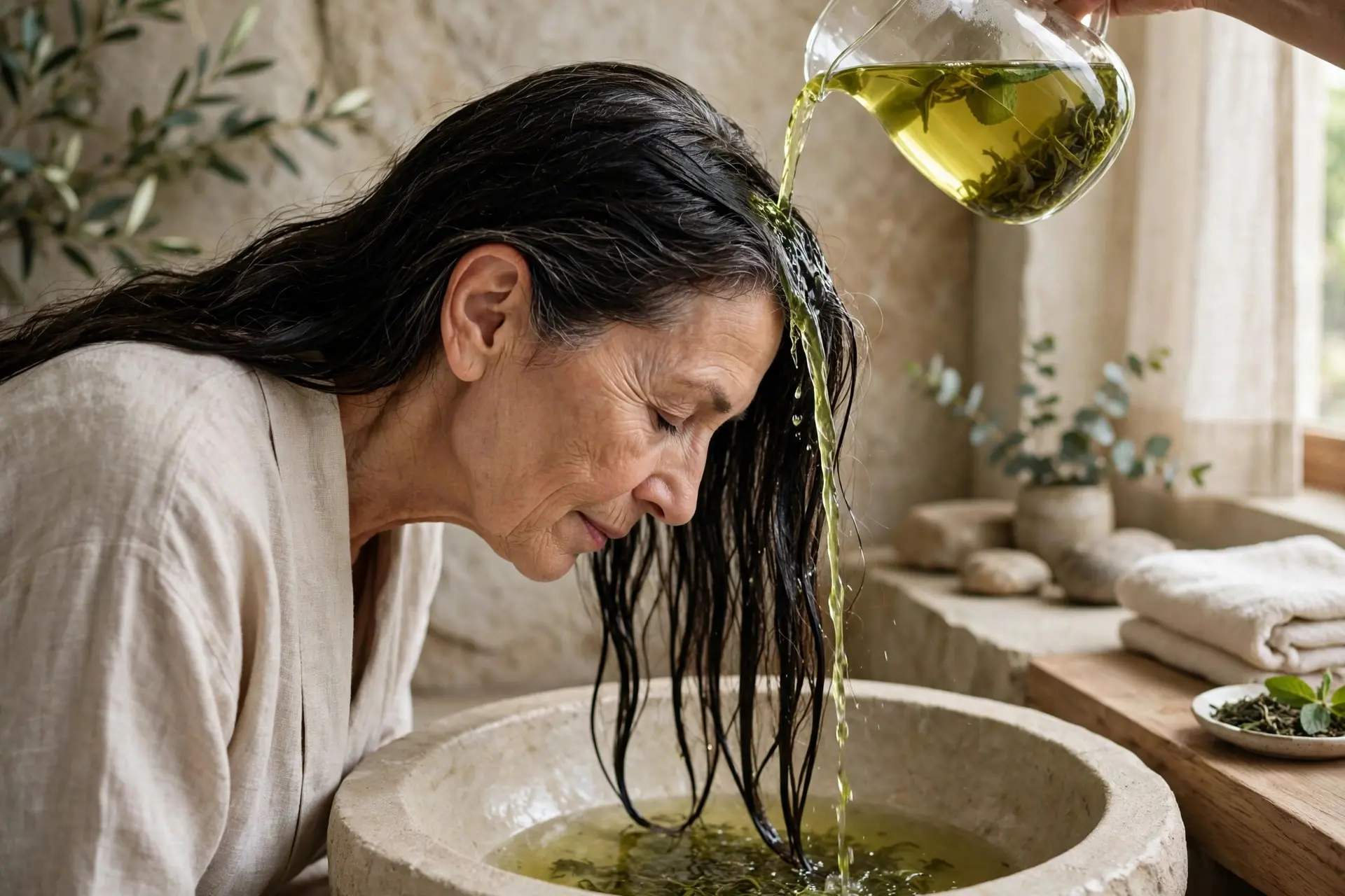 A mature woman with long dark hair leaning over a stone basin while cooled green tea is poured from a glass jug over her hair