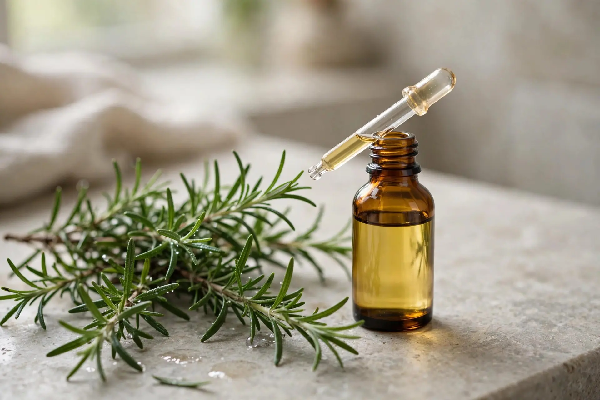 Fresh rosemary sprigs beside an amber glass dropper bottle of rosemary oil on a stone counter