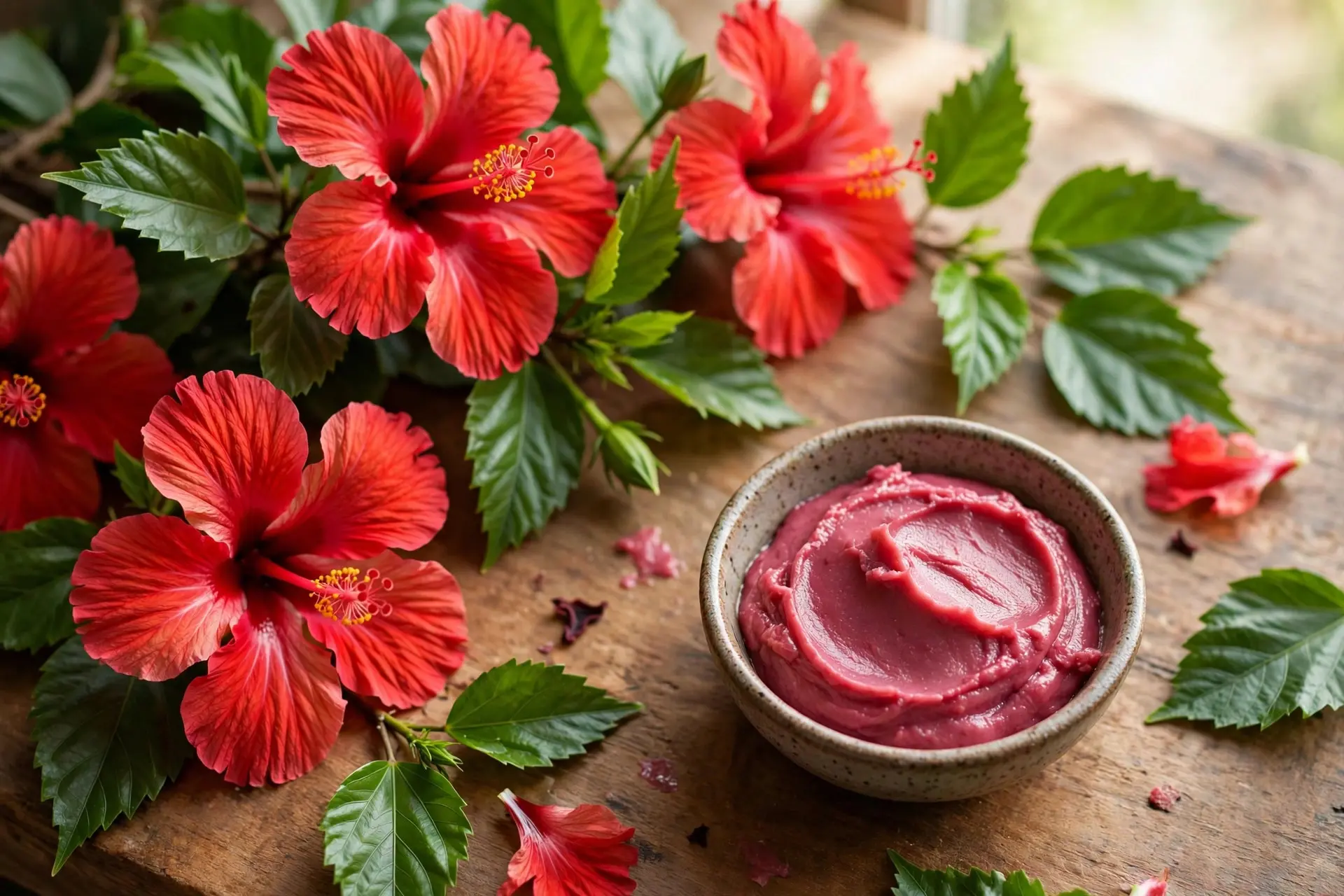 Vibrant red hibiscus flowers and leaves beside a small bowl of deep pink hibiscus paste