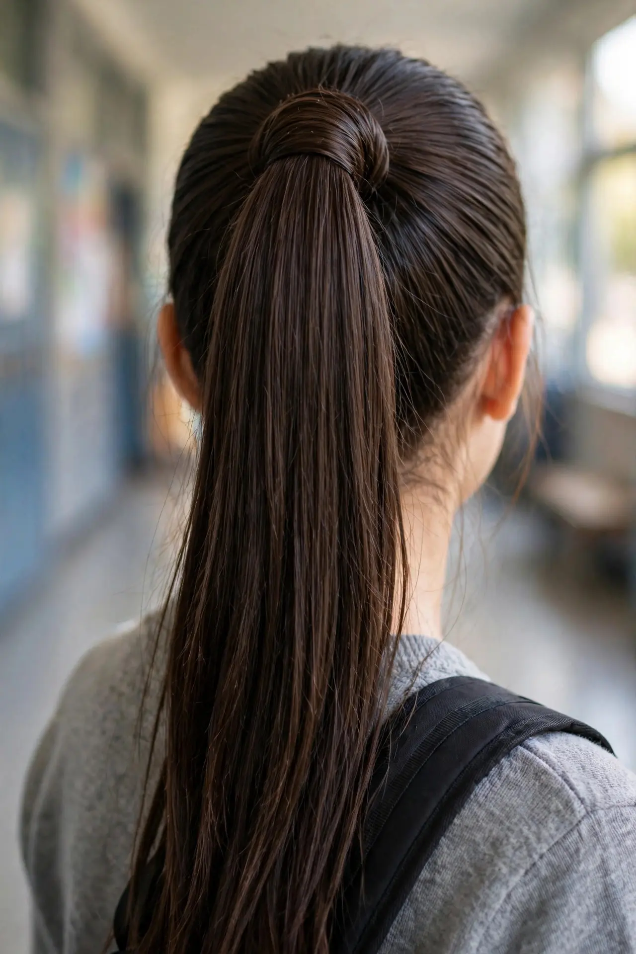 Back view of a sleek classic high ponytail on long dark brown hair with the elastic wrapped in hair, in a school corridor