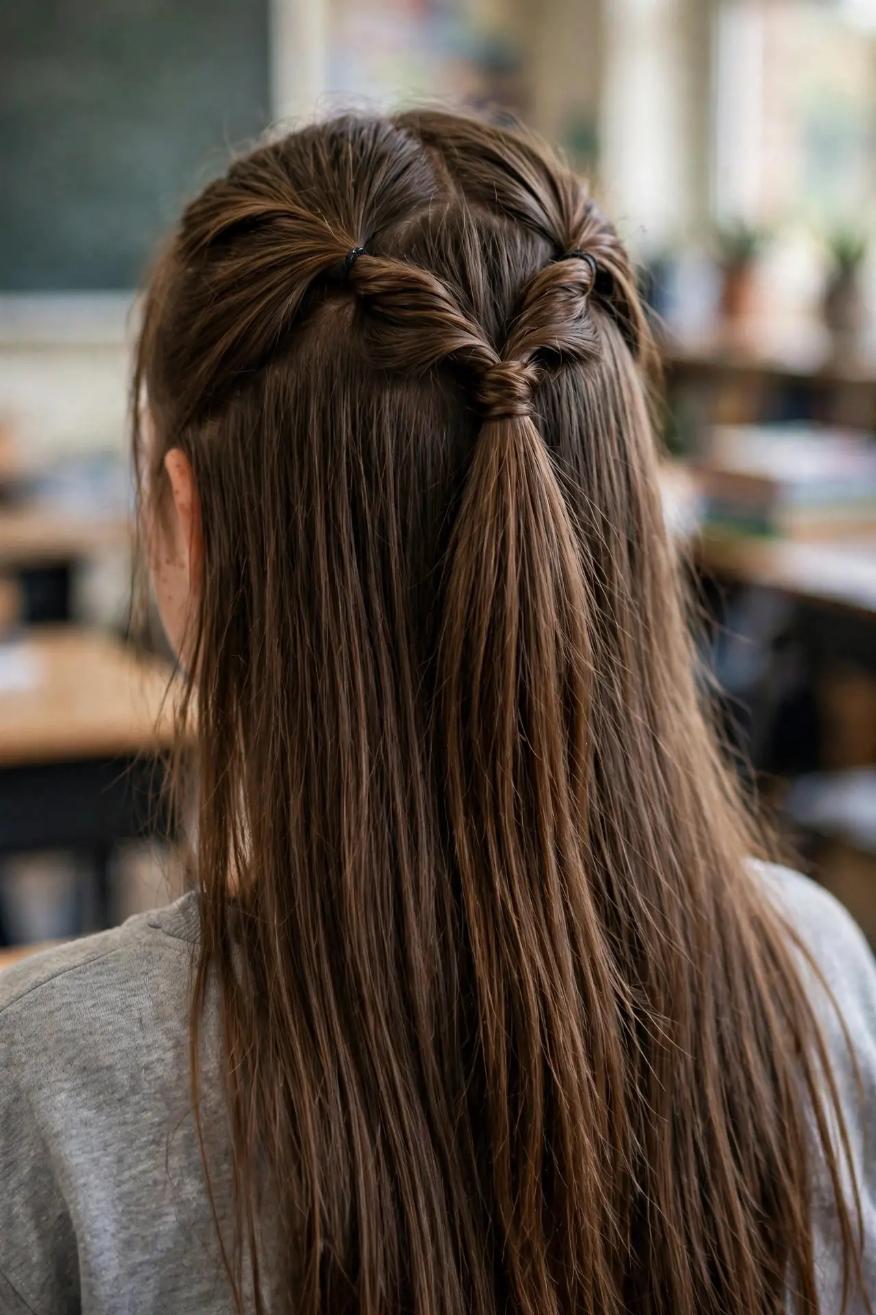 Back view of a twisted half-up hairstyle with two twists joined at the crown on long brown hair