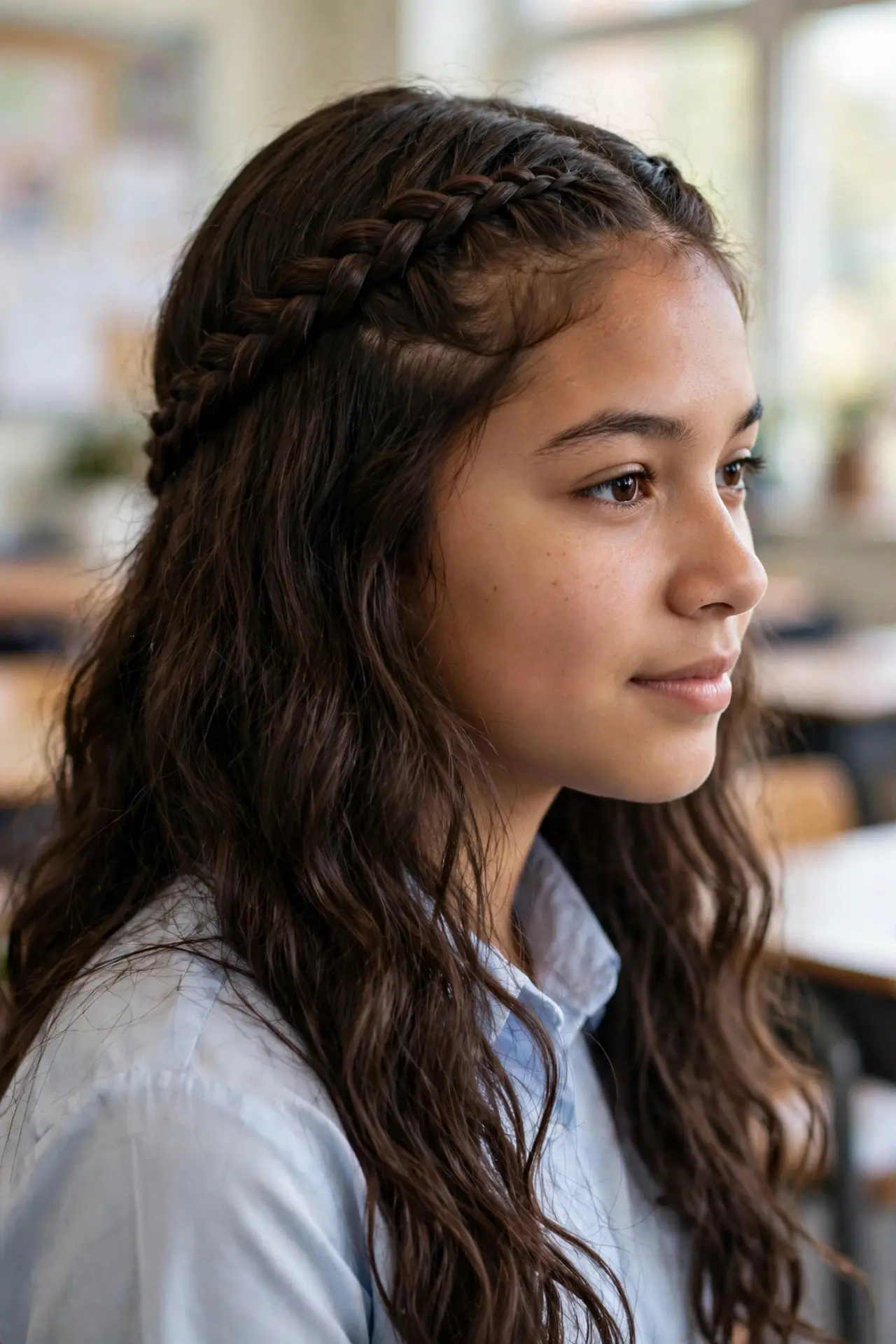 Side view of a headband braid across the hairline on long wavy dark brown hair with the rest of the hair left down