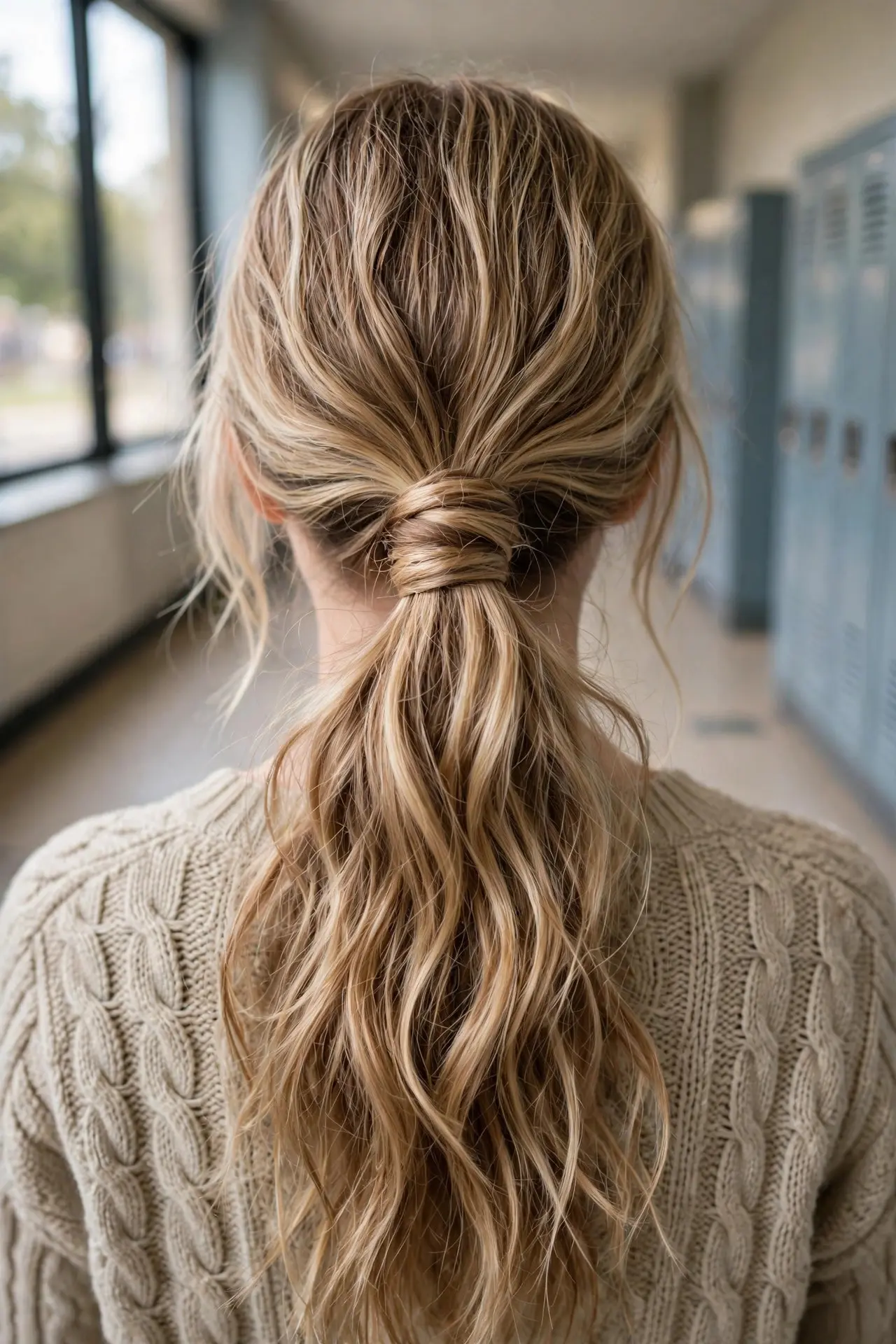 Back view of a relaxed low ponytail at the nape on long wavy blonde hair, in a school corridor