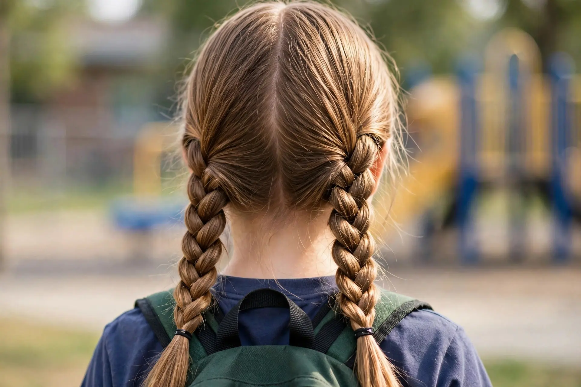 Back view of two braided pigtails on golden brown hair at a school playground